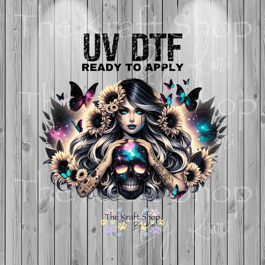 UV DTF Sticker print. Girl with tattoos and skull goth wrap decals tumbler decal. Glass can wrap. #5348