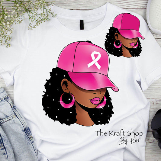 DTF ready to press transfer. Breast Cancer pink baseball cap black girl magic melanin poppin , Direct to film heat press transfer #11254