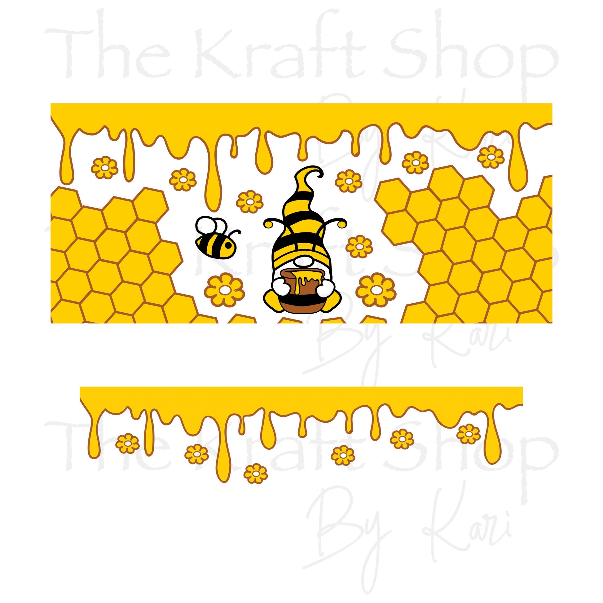 UV DTF 40 oz ready to apply Gnome Honey Bee drip and honeycomb wrap. Permanent sticker. UV wrap quencher #3159