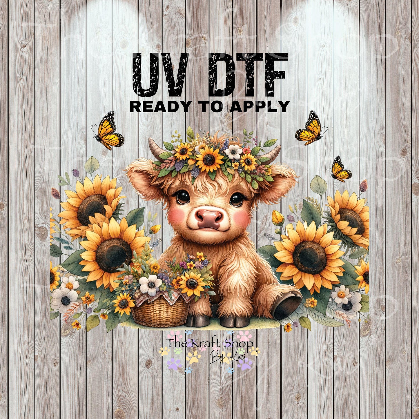 UV DTF Sticker print. Highland cow sunflowers 20 oz wrap tumbler decal. #5336