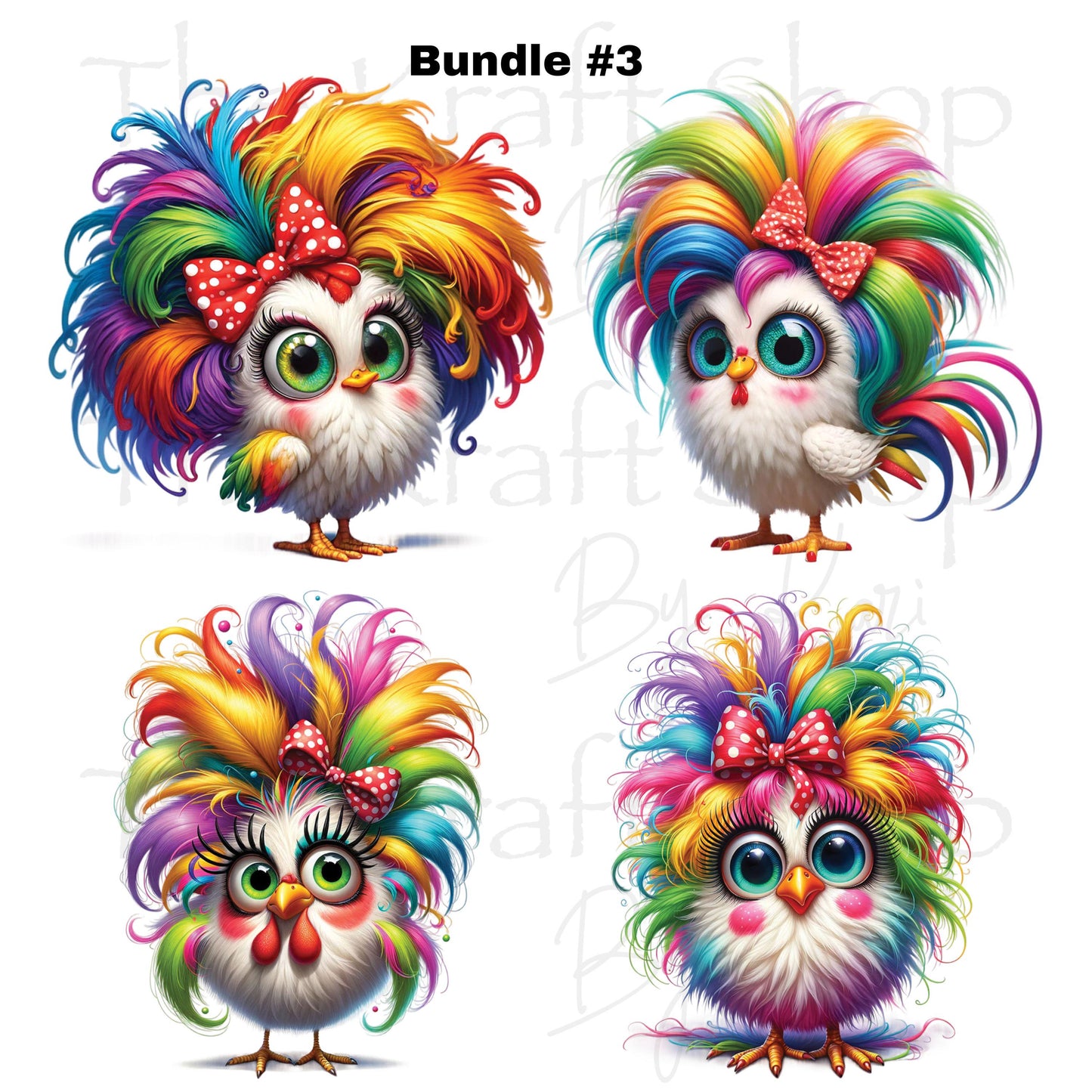 UV DTF Sticker prints. Rainbow crazy chicken bundle of 4 decals with flowers, permanent sticker.#1078