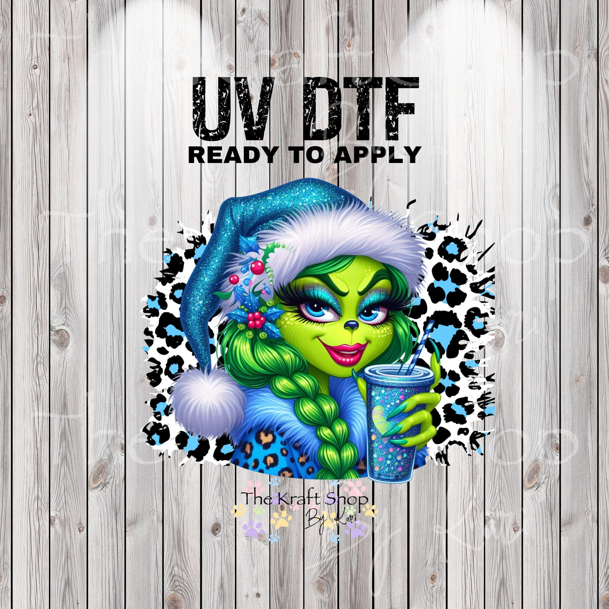 UV DTF Sticker print. Blue black green face lady Christmas hat leopard decal, tumbler decal, permanent sticker. #7333