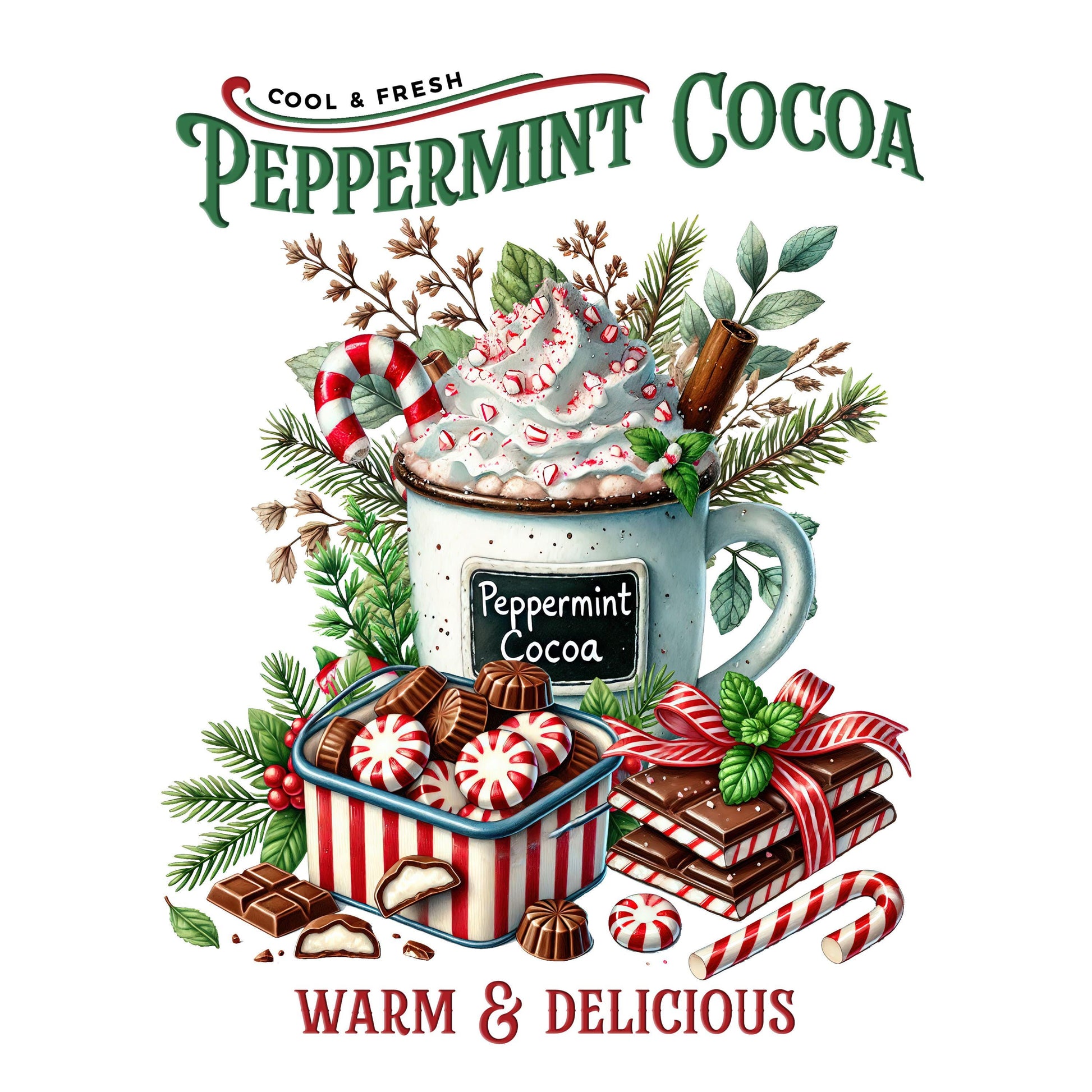 UV DTF Sticker print. Peppermint cocoa Christmas label decal, tumbler decal, permanent sticker. #7334