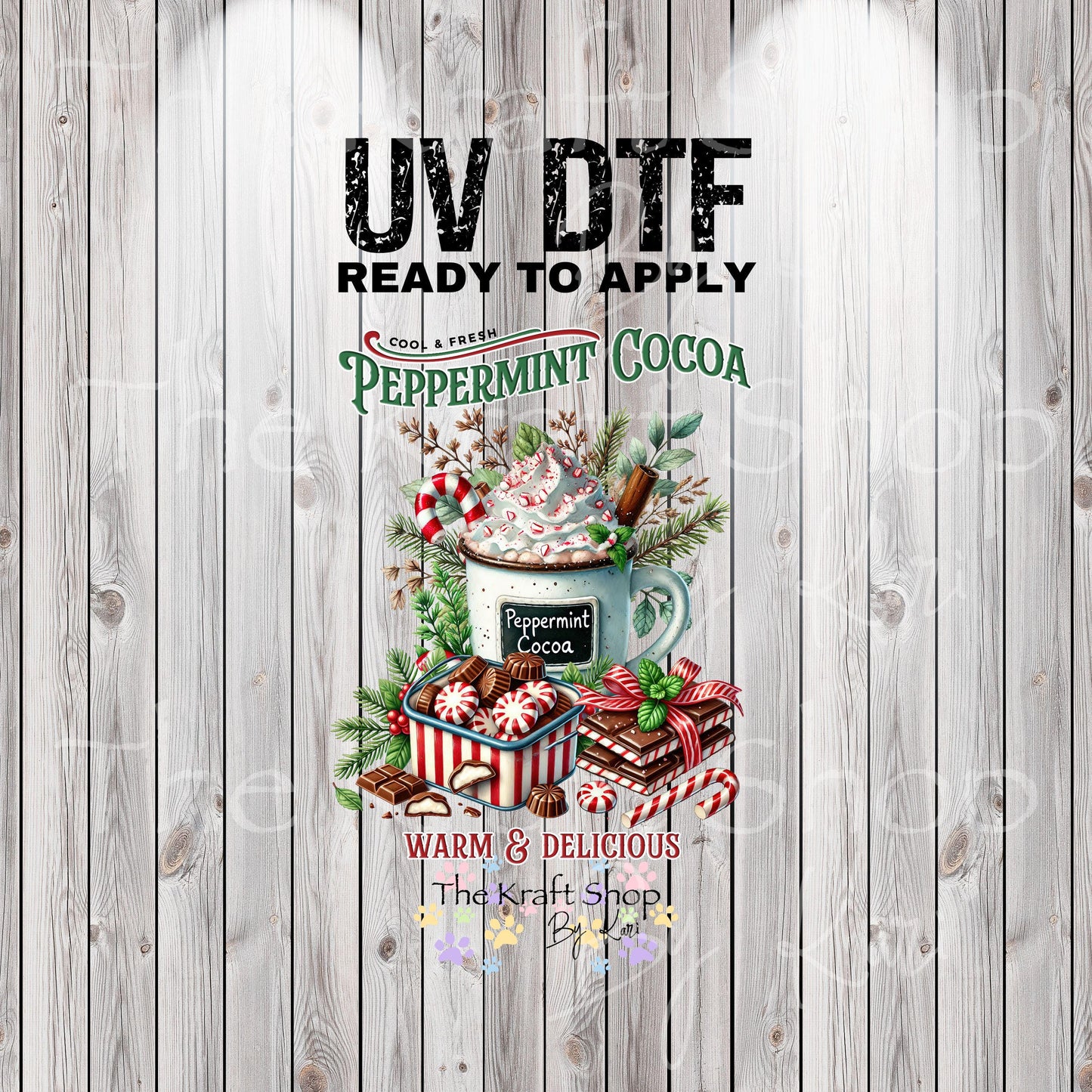 UV DTF Sticker print. Peppermint cocoa Christmas label decal, tumbler decal, permanent sticker. #7334