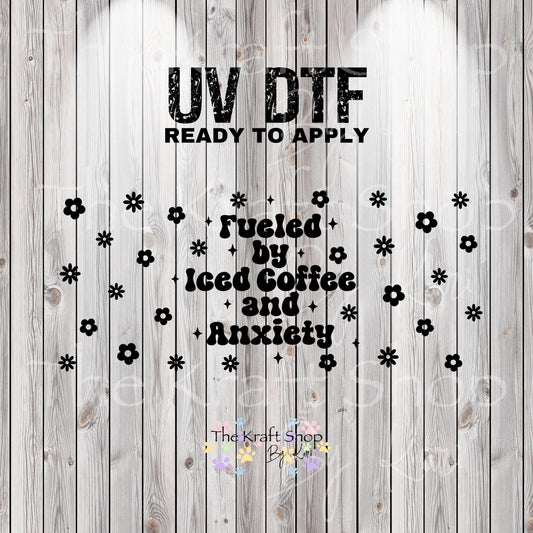 UV DTF Sticker print. Fueled by iced coffee glass can wrap decal, tumbler decal, permanent sticker. UV wrap for glass can tumbler. #5362