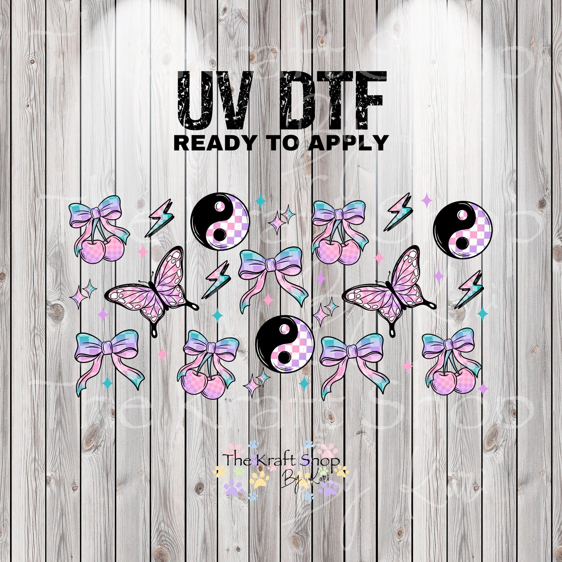 UV DTF Sticker print. GIrly Retro cherry Ying yang butterflies for glass can wrap decal, tumbler decal, permanent sticker. #5376