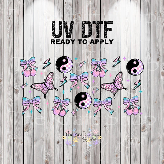 UV DTF Sticker print. GIrly Retro cherry Ying yang butterflies for glass can wrap decal, tumbler decal, permanent sticker. #5376