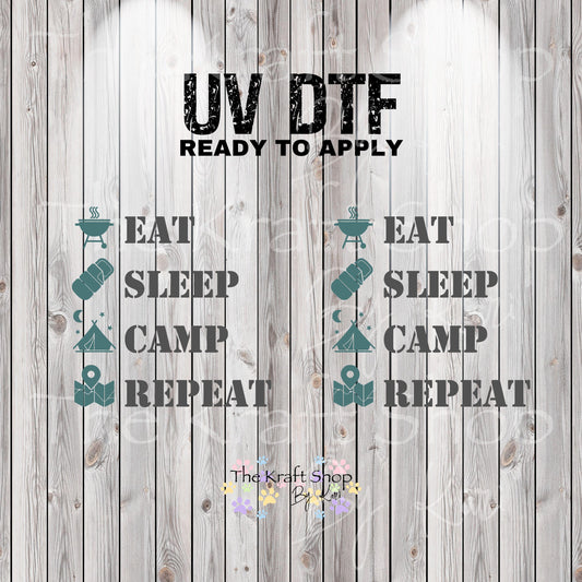 UV DTF Sticker print. Eat Sleep Camp Repeat glass can wrap decal, tumbler decal, permanent sticker. #5390