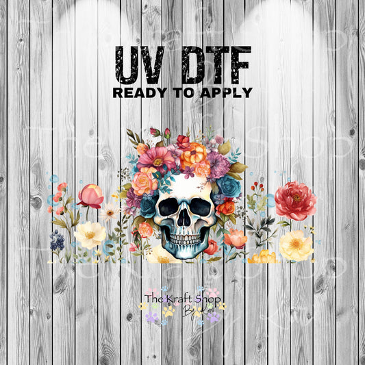 UV DTF Sticker print. Skull Floral glass can wrap decal, tumbler decal, permanent sticker. #5394
