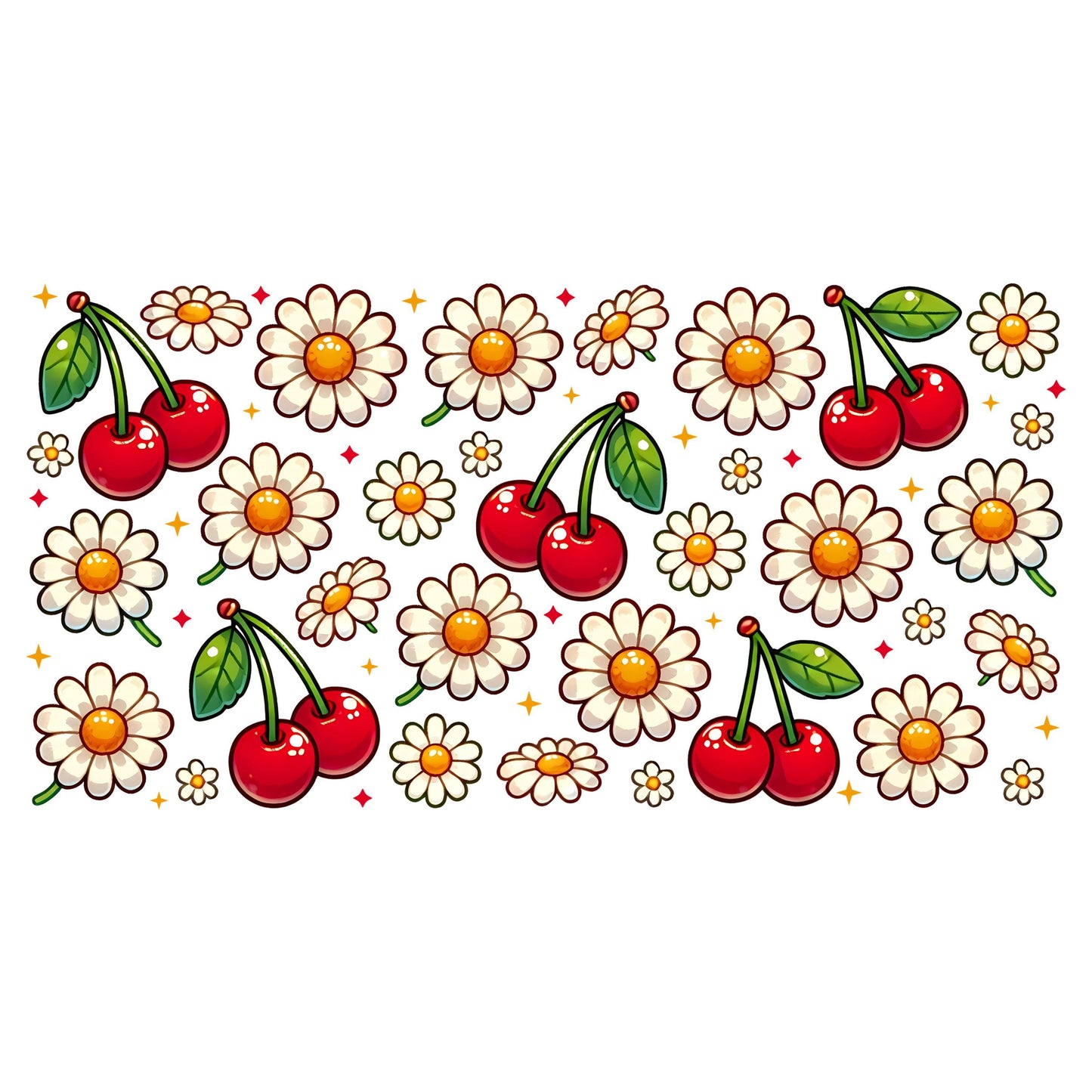 UV DTF Sticker print. Cherries with flowers and sparkles glass can wrap decal, tumbler decal, permanent sticker. #5404