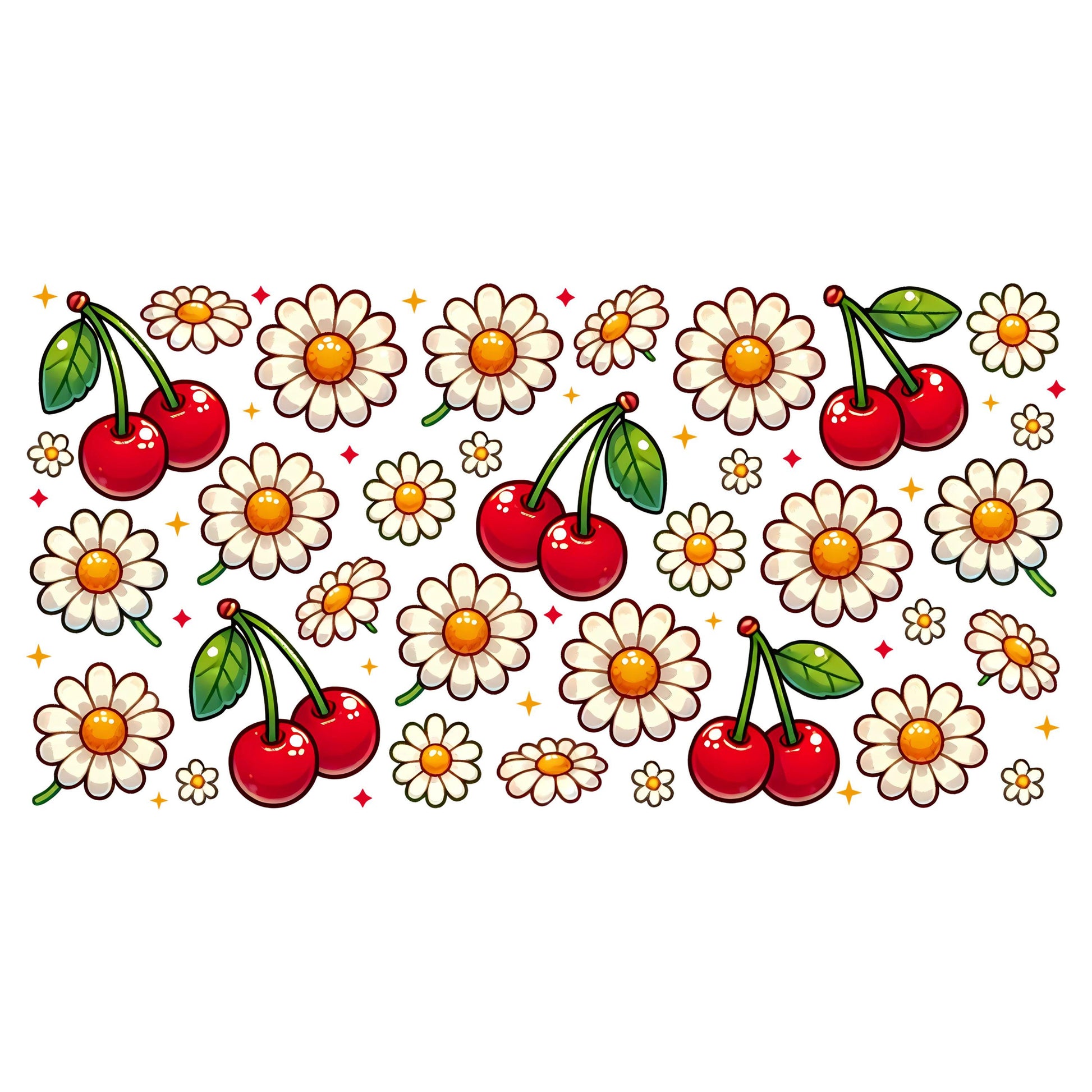 UV DTF Sticker print. Cherries with flowers and sparkles glass can wrap decal, tumbler decal, permanent sticker. #5404
