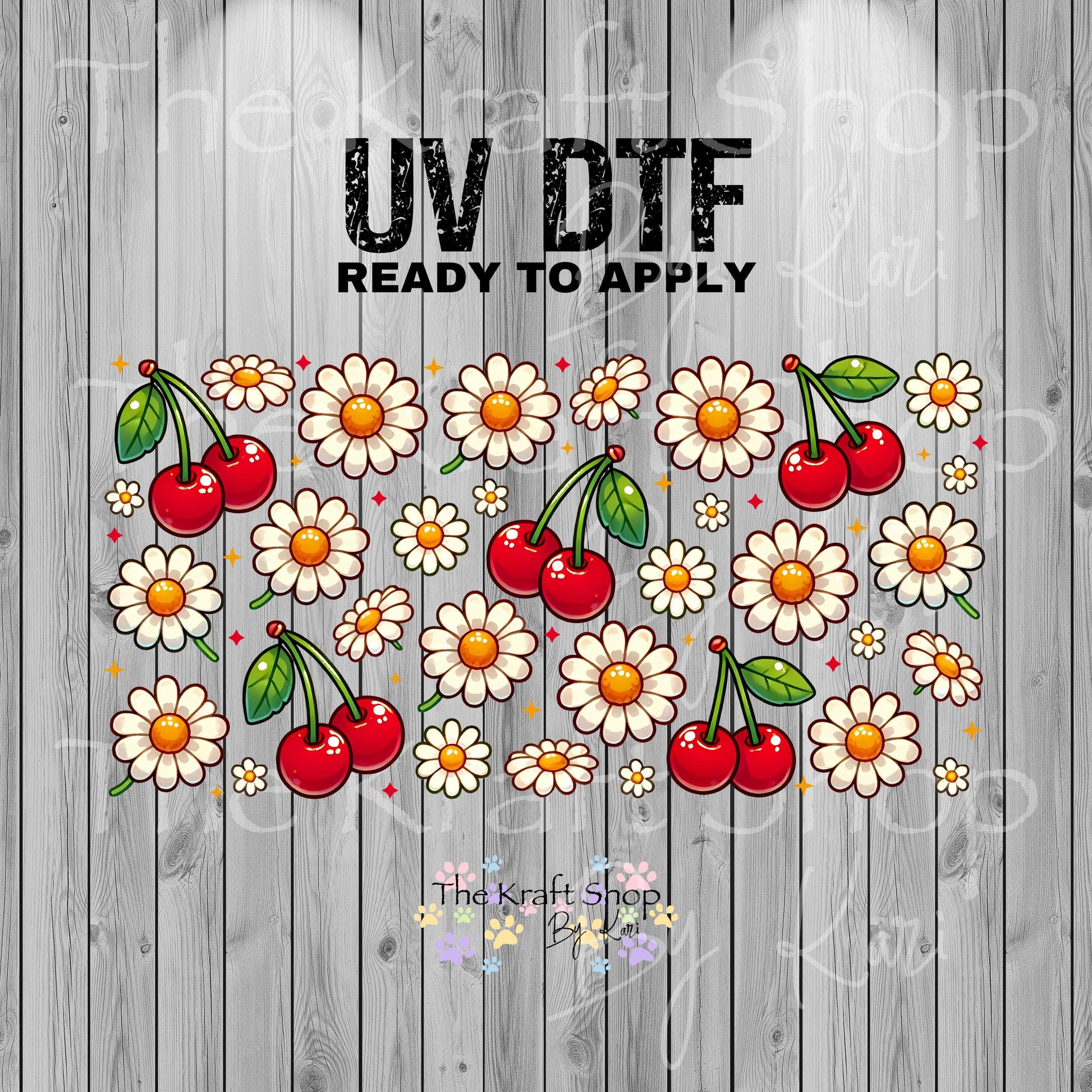 UV DTF Sticker print. Cherries with flowers and sparkles glass can wrap decal, tumbler decal, permanent sticker. #5404