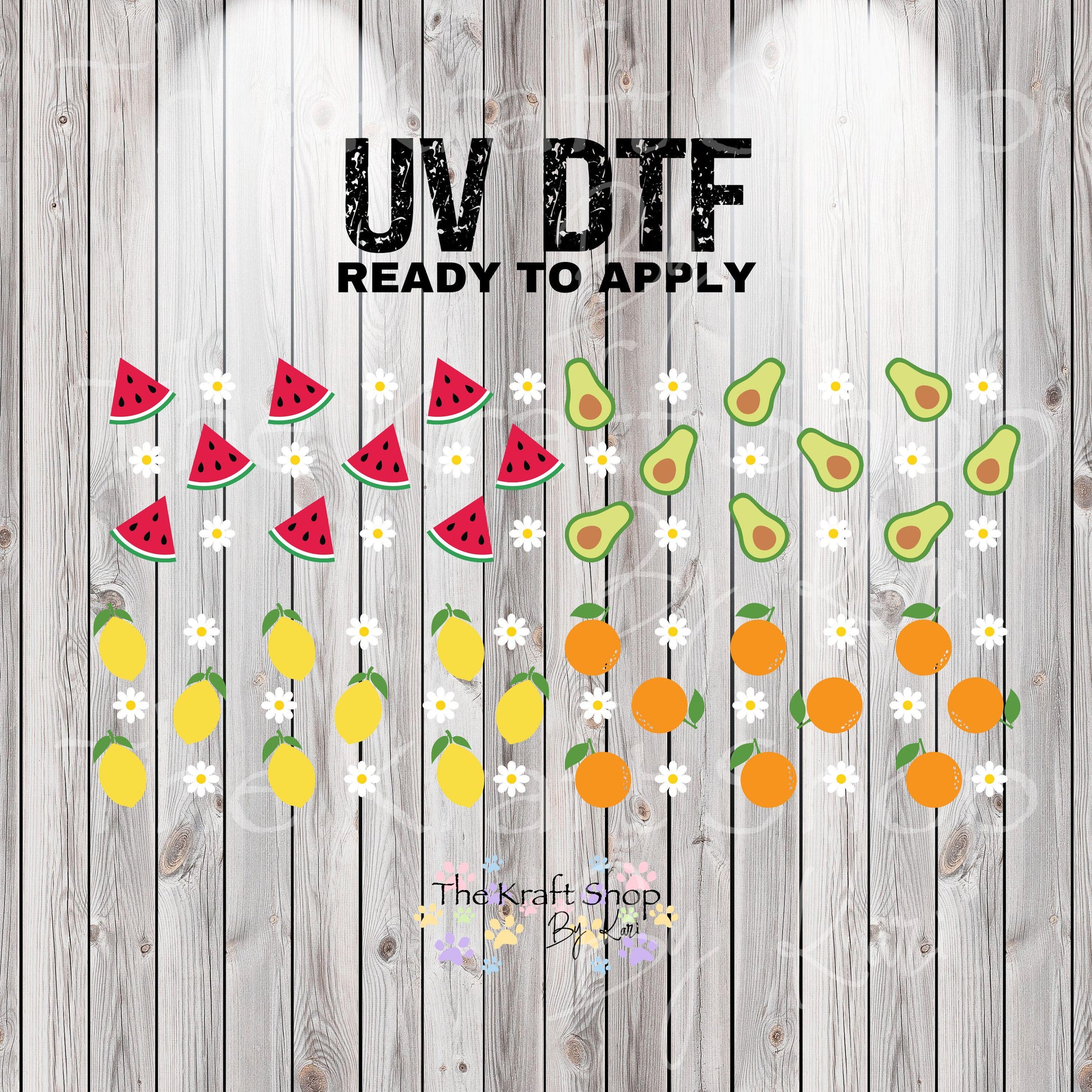 UV DTF Sticker print. Fruit and daisy flowers glass can wrap decal, tumbler decal, permanent sticker. #5410