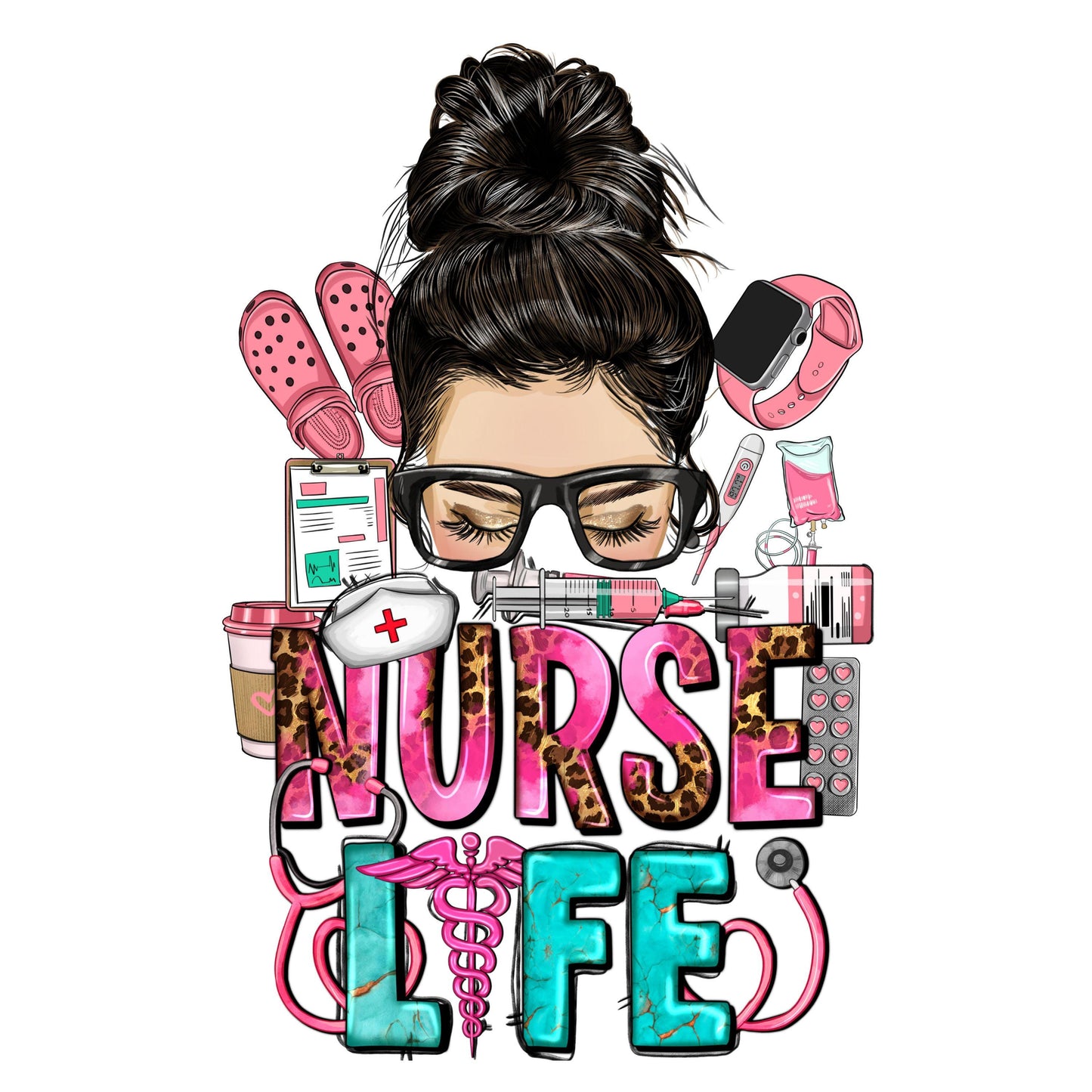 UV DTF Sticker print. Messy Bun Nurse Life decal, tumbler decal, permanent sticker. UV wrap for glass can tumbler. #4556