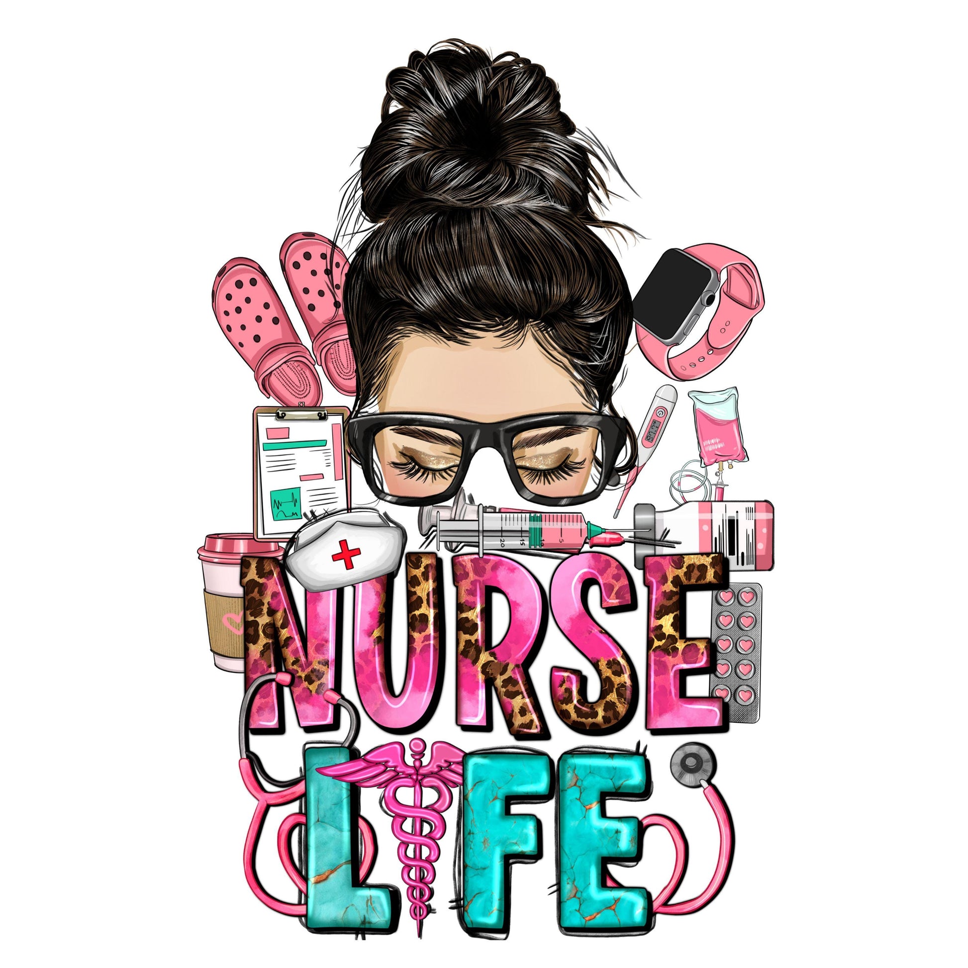UV DTF Sticker print. Messy Bun Nurse Life decal, tumbler decal, permanent sticker. UV wrap for glass can tumbler. #4556