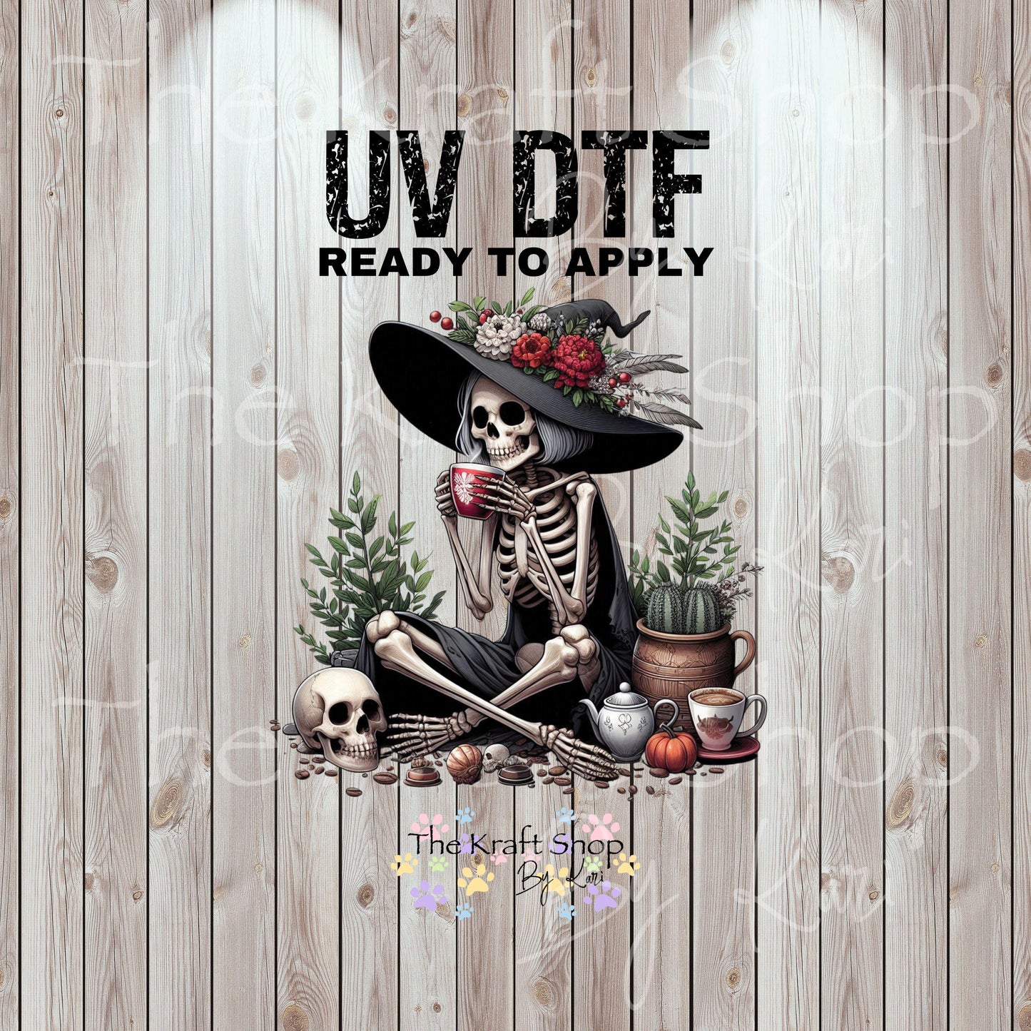 UV DTF Sticker print. Skeleton with hat drinking coffee goth Halloween permanent sticker tumbler decal #10285