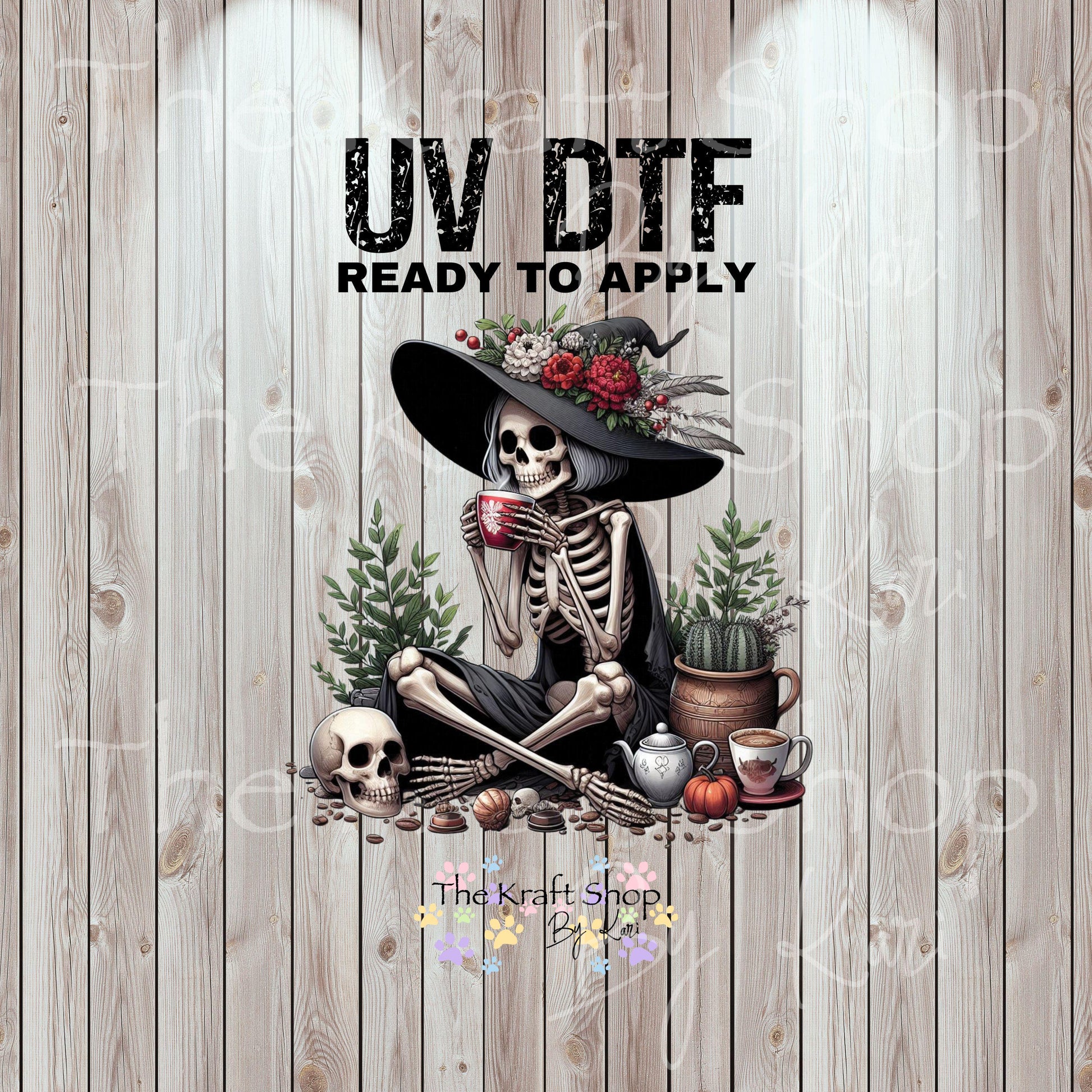 UV DTF Sticker print. Skeleton with hat drinking coffee goth Halloween permanent sticker tumbler decal #10285