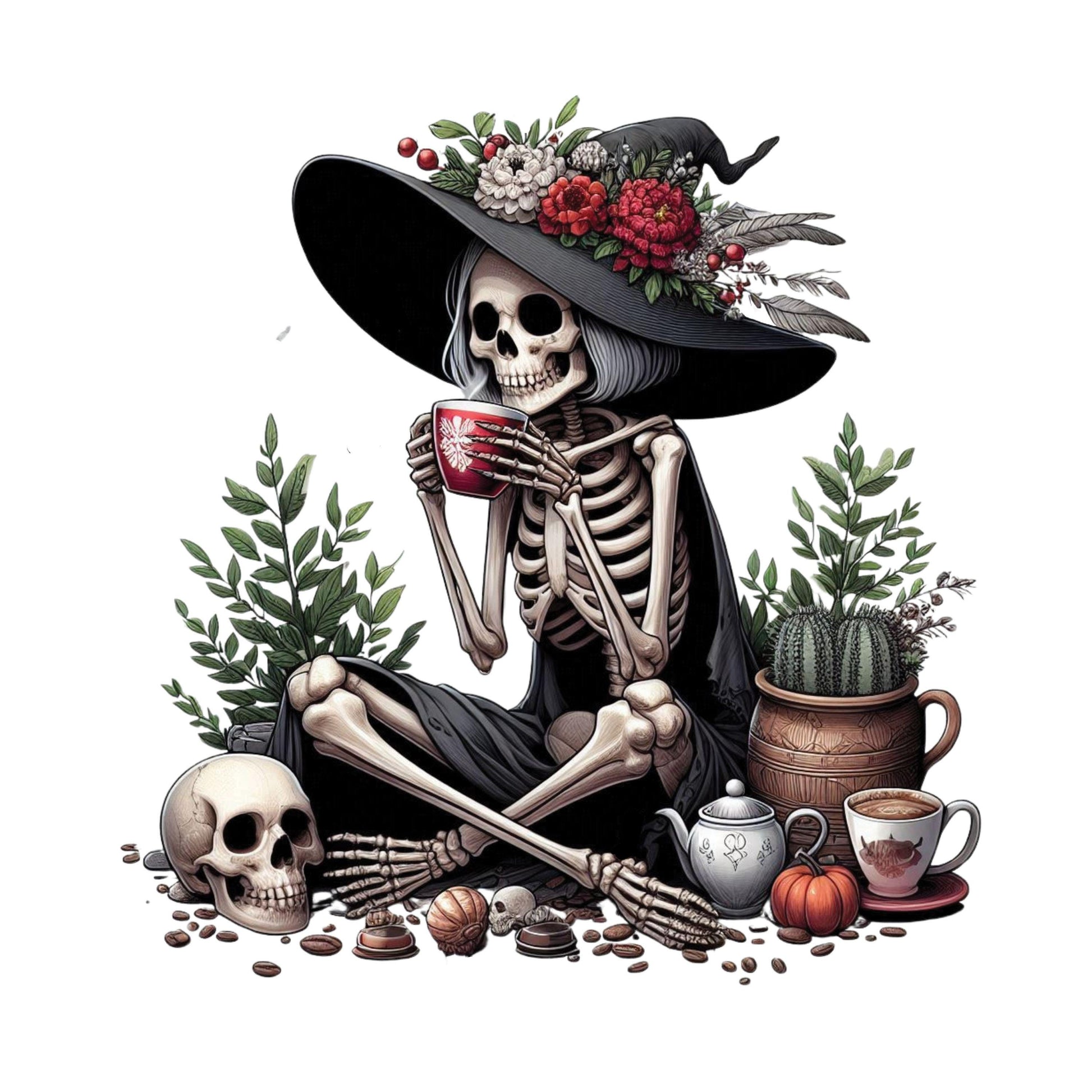 UV DTF Sticker print. Skeleton with hat drinking coffee goth Halloween permanent sticker tumbler decal #10285