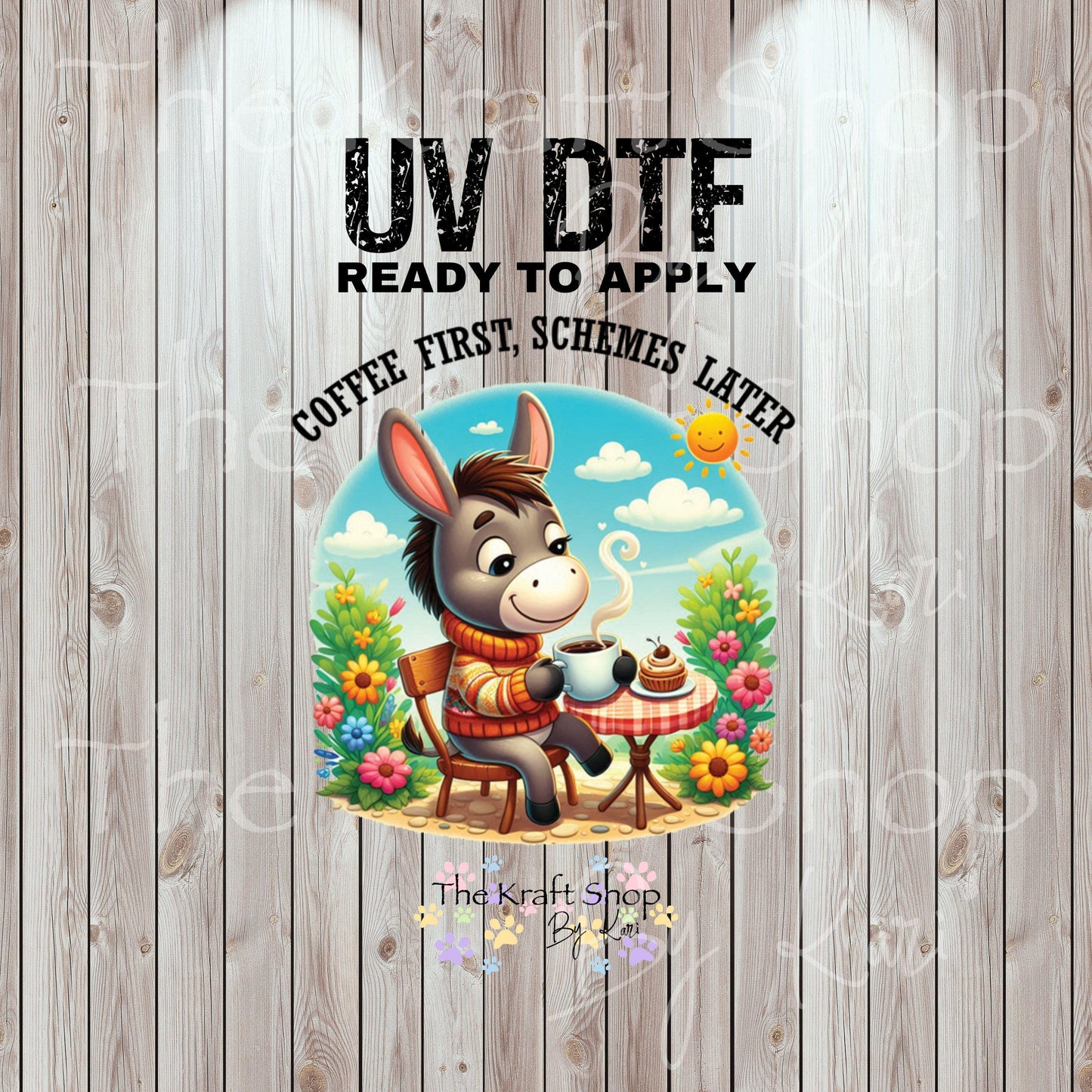 UV DTF Sticker print. Donkey drinking coffee. Coffee first, schemes later permanent sticker tumbler decal #4544