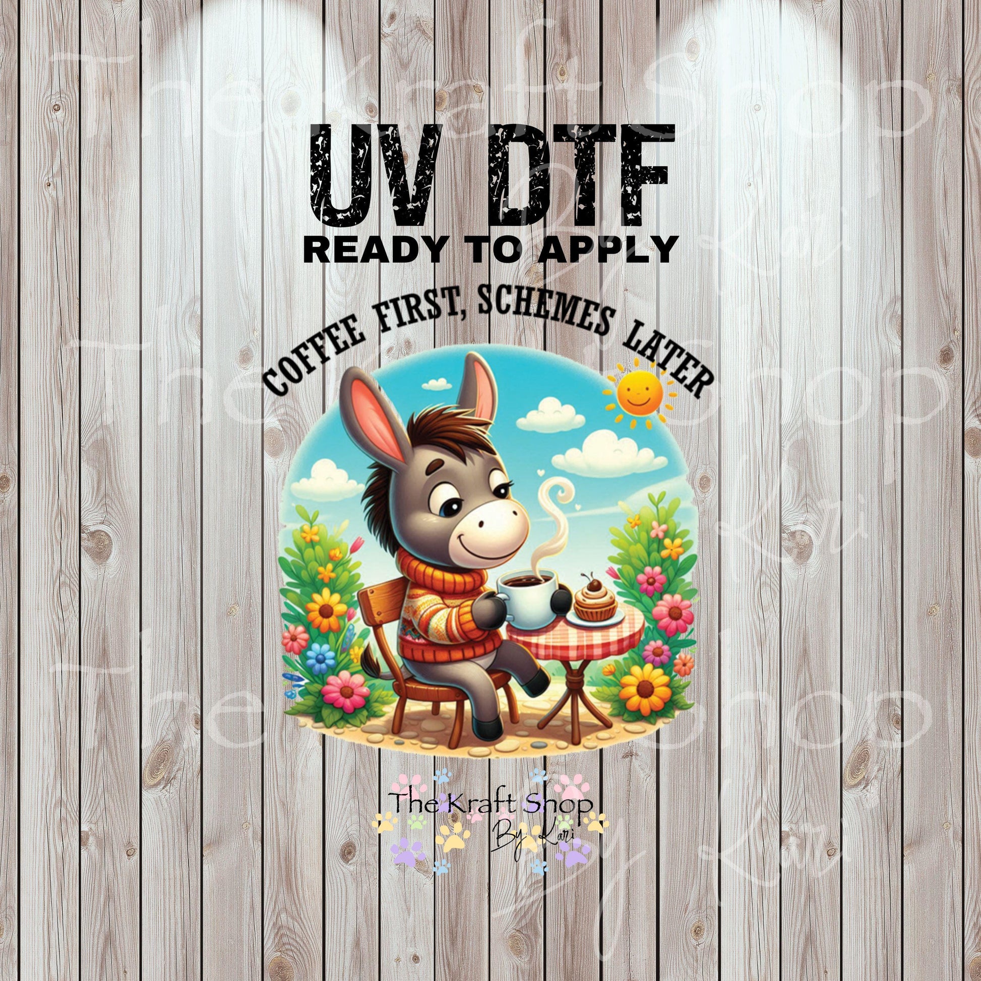 UV DTF Sticker print. Donkey drinking coffee. Coffee first, schemes later permanent sticker tumbler decal #4544