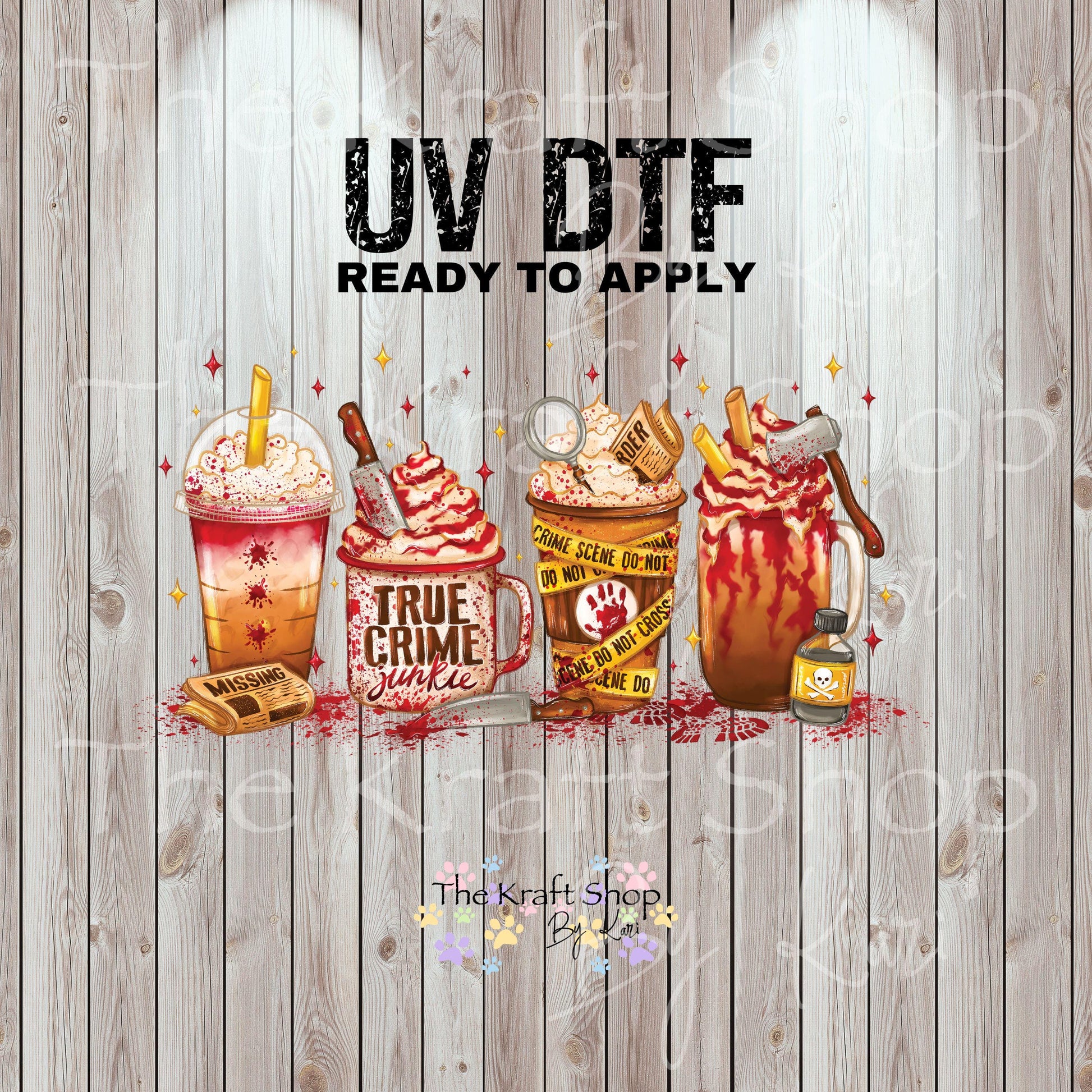 UV DTF Sticker print. True Crime coffee wrap decals tumbler decal. Glass can wrap. #5344