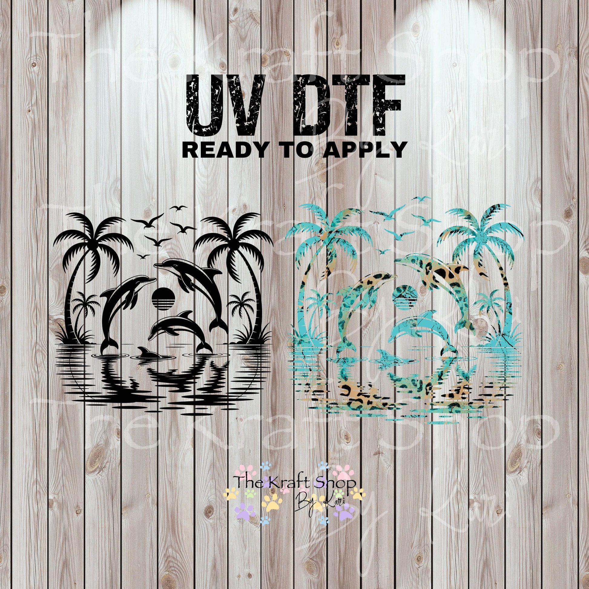 UV DTF Sticker print. Dolphins sunset in black or teal leopard wrap decals tumbler decal. Glass can wrap. #5346