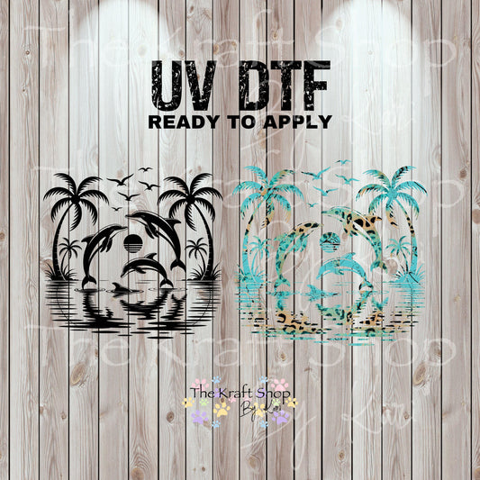 UV DTF Sticker print. Dolphins sunset in black or teal leopard wrap decals tumbler decal. Glass can wrap. #5346