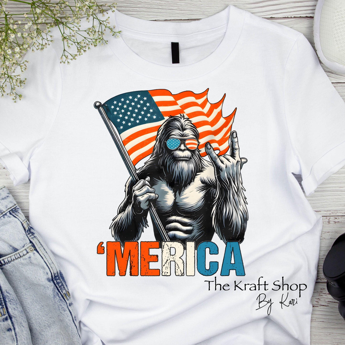 DTF ready to press transfer "Merica" Bigfoot funny shirt Direct to film heat press transfer. DTF Print #11477