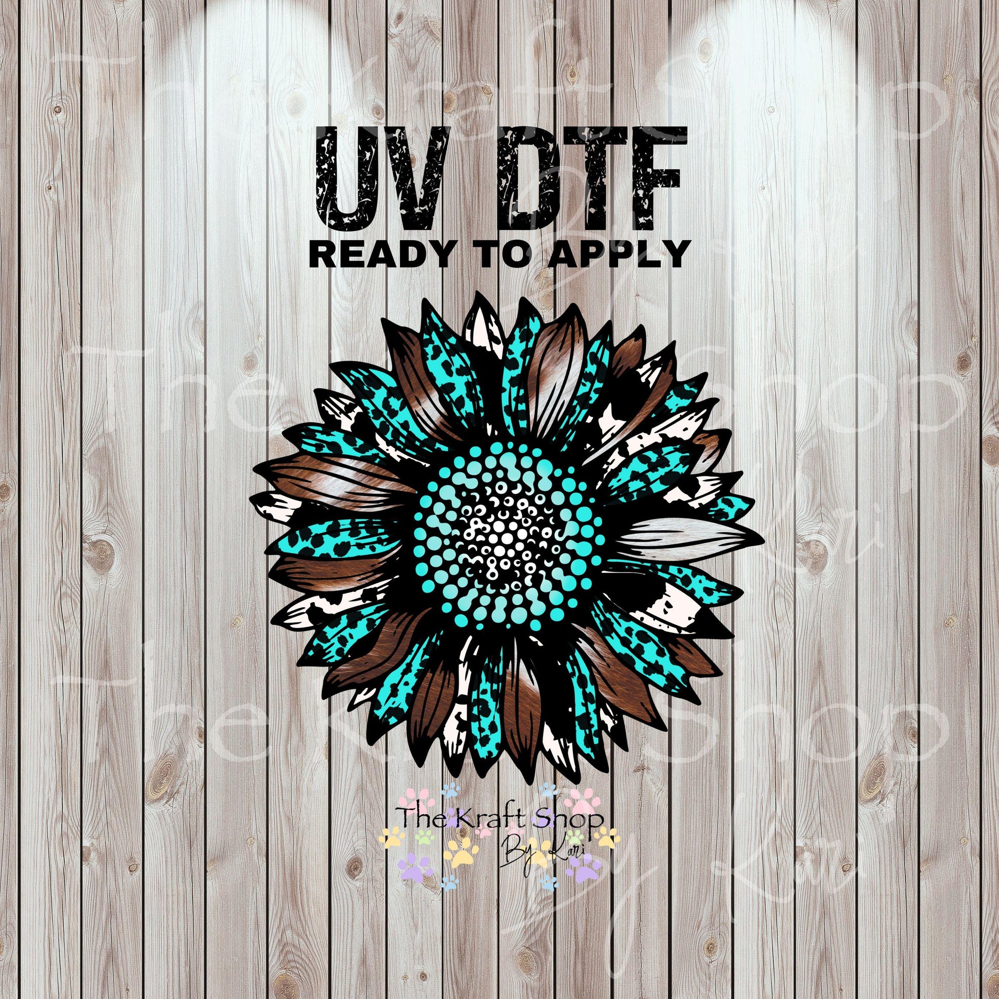UV DTF Sticker print. Leopard cowhide teal sunflower decal, tumbler decal, permanent sticker. #2039