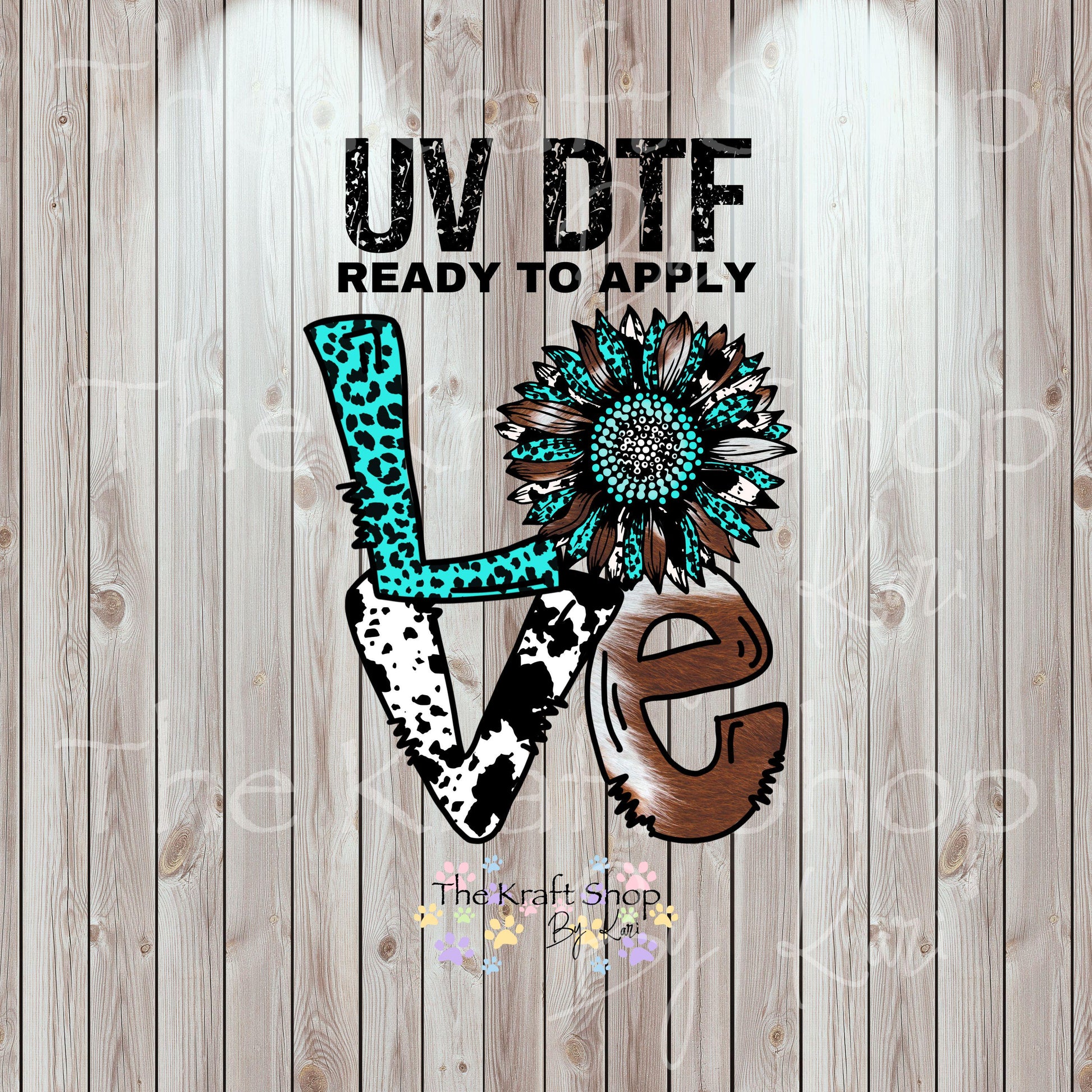 UV DTF Sticker print. Love cowhide teal sunflower decal, tumbler decal, permanent sticker. #2040