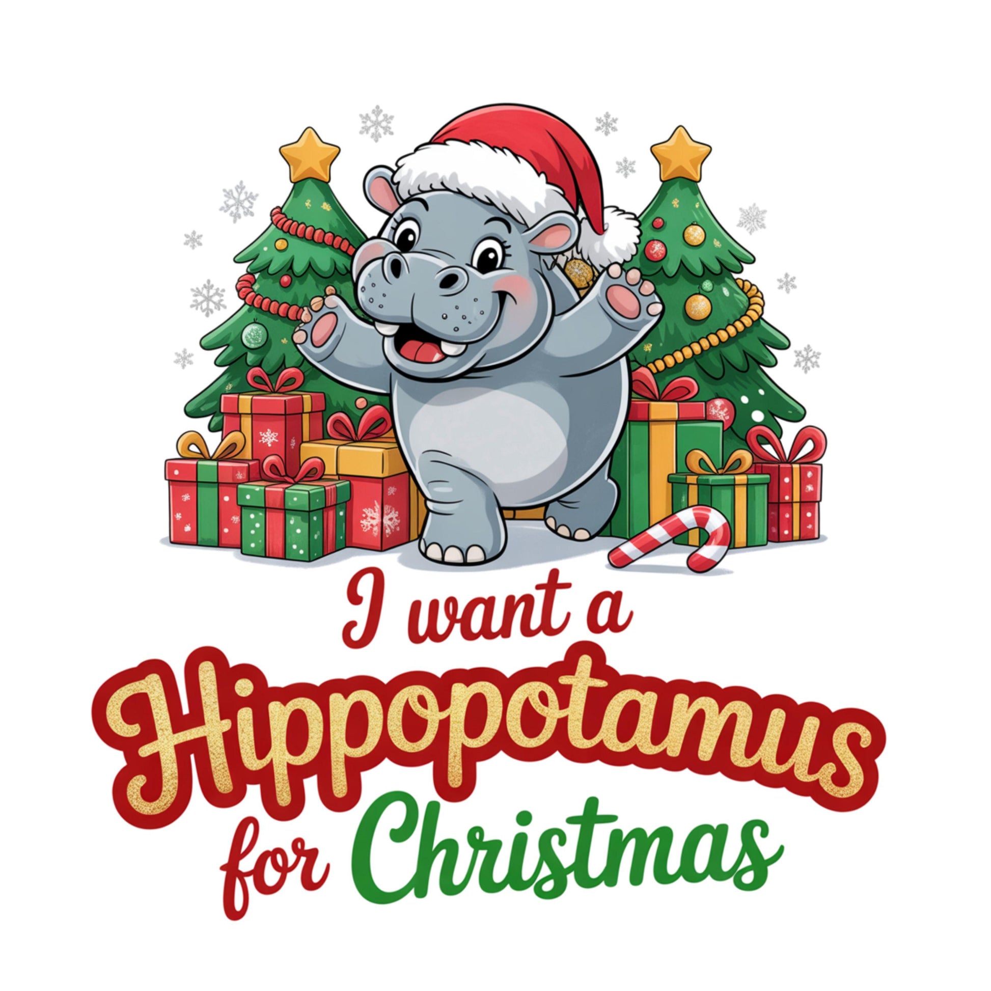 UV dtf Sticker print I want a hippopotamus for Christmas decal, tumbler decal, permanent sticker. Uv wrap for glass can tumbler. #7326