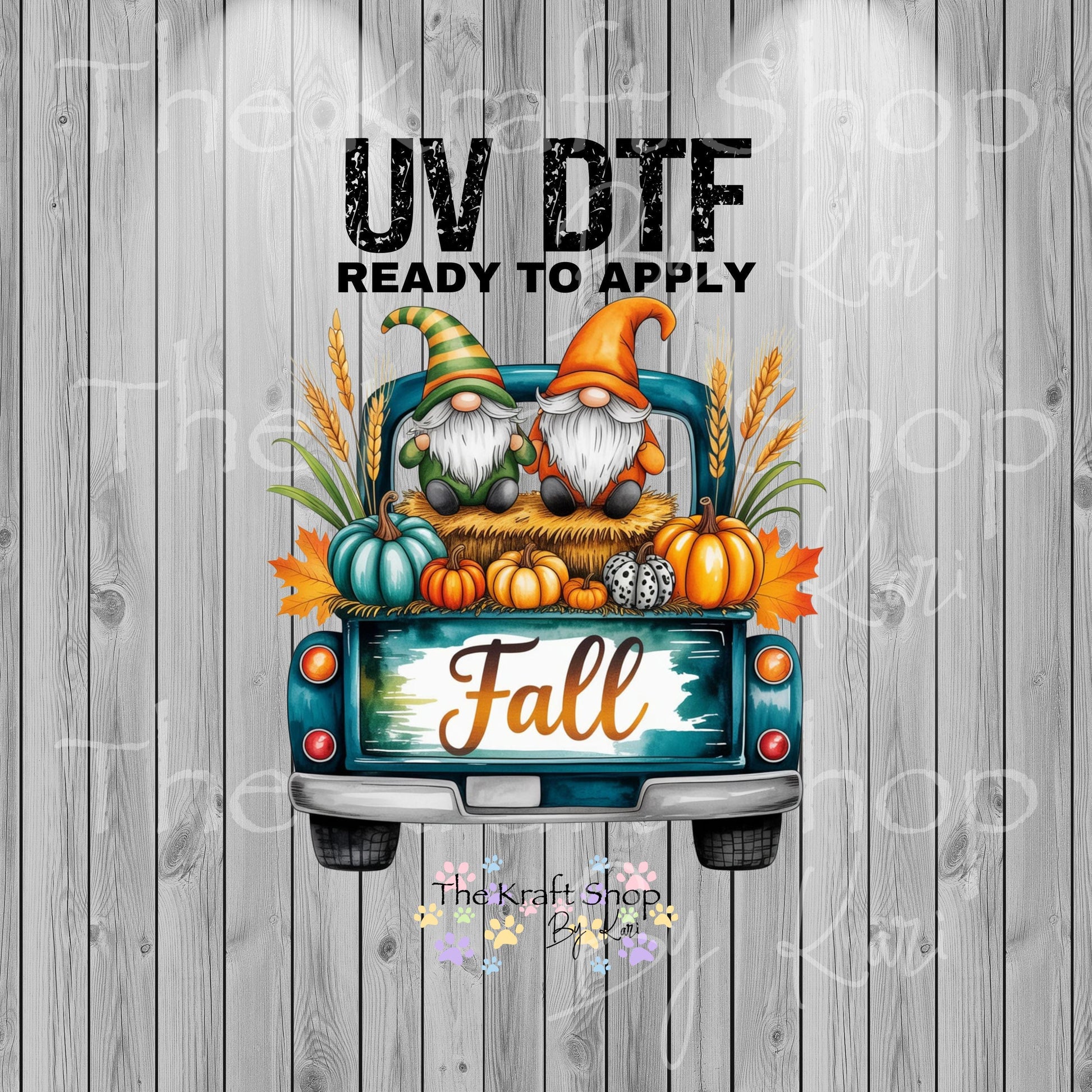 UV dtf Sticker print Two gnomes in a blue truck fall decal, tumbler decal, permanent sticker. Uv wrap for glass can tumbler. #7330