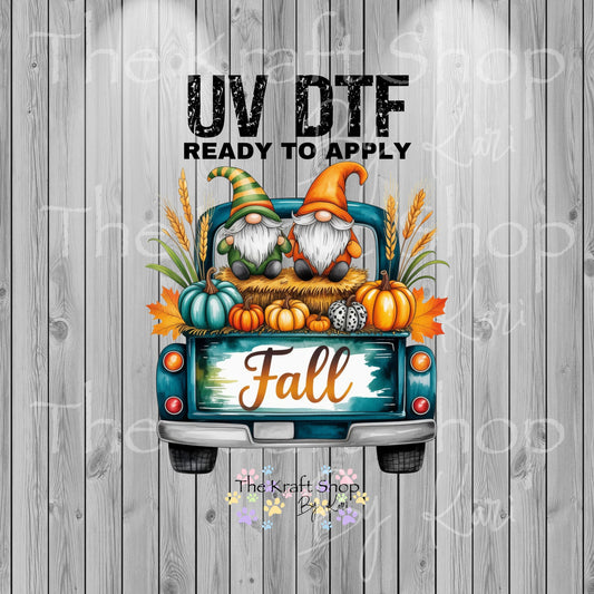 UV dtf Sticker print Two gnomes in a blue truck fall decal, tumbler decal, permanent sticker. Uv wrap for glass can tumbler. #7330