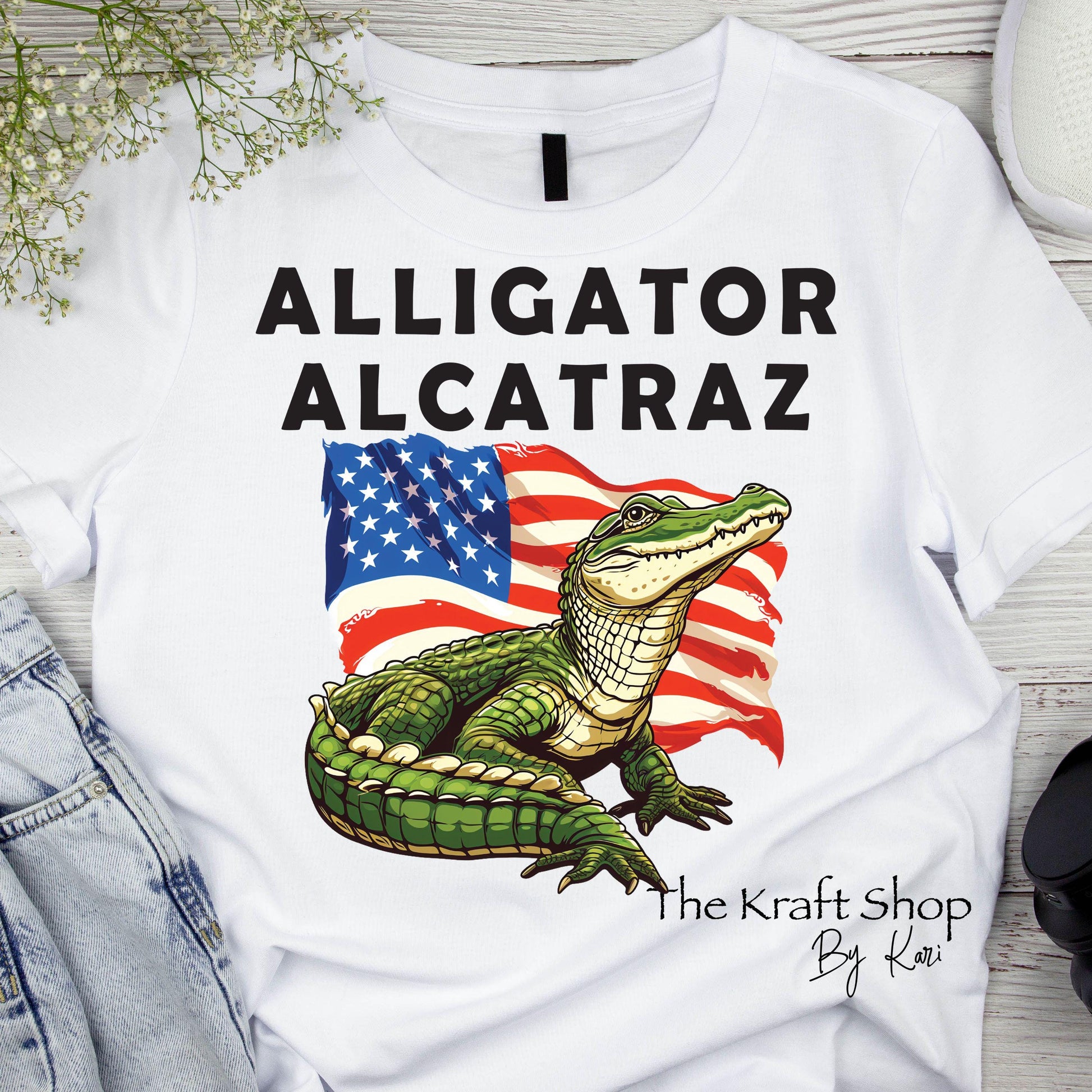 DTF ready to press transfer Alligator Alcatraz with American flag shirt decal Direct to film #11487