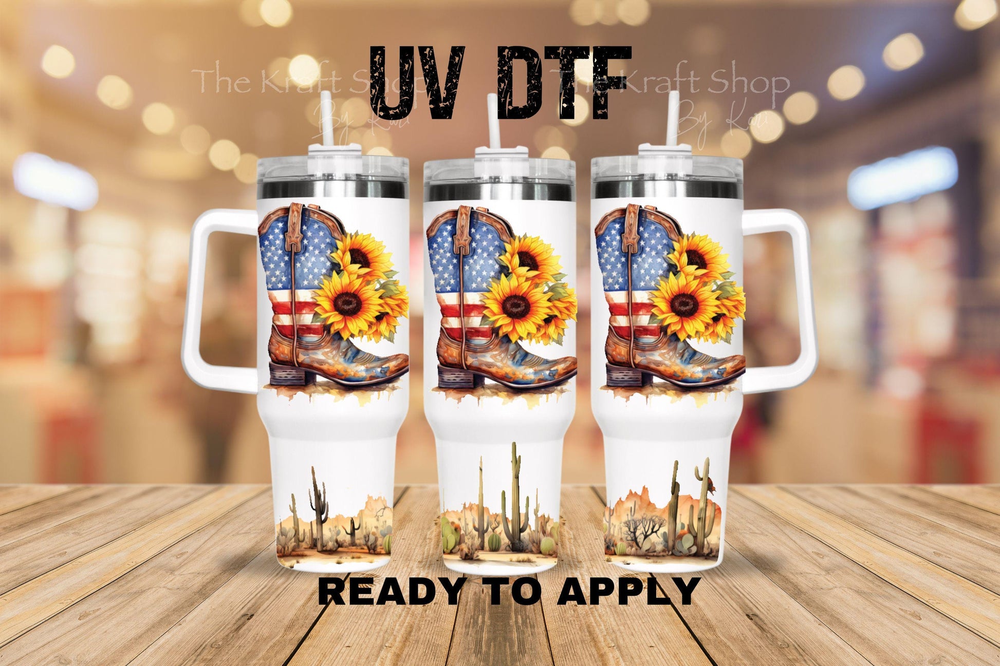 UV DTF 40 oz ready to apply Country Patriotic Boots with sunflowers. Permanent sticker. UV wrap quencher #3162