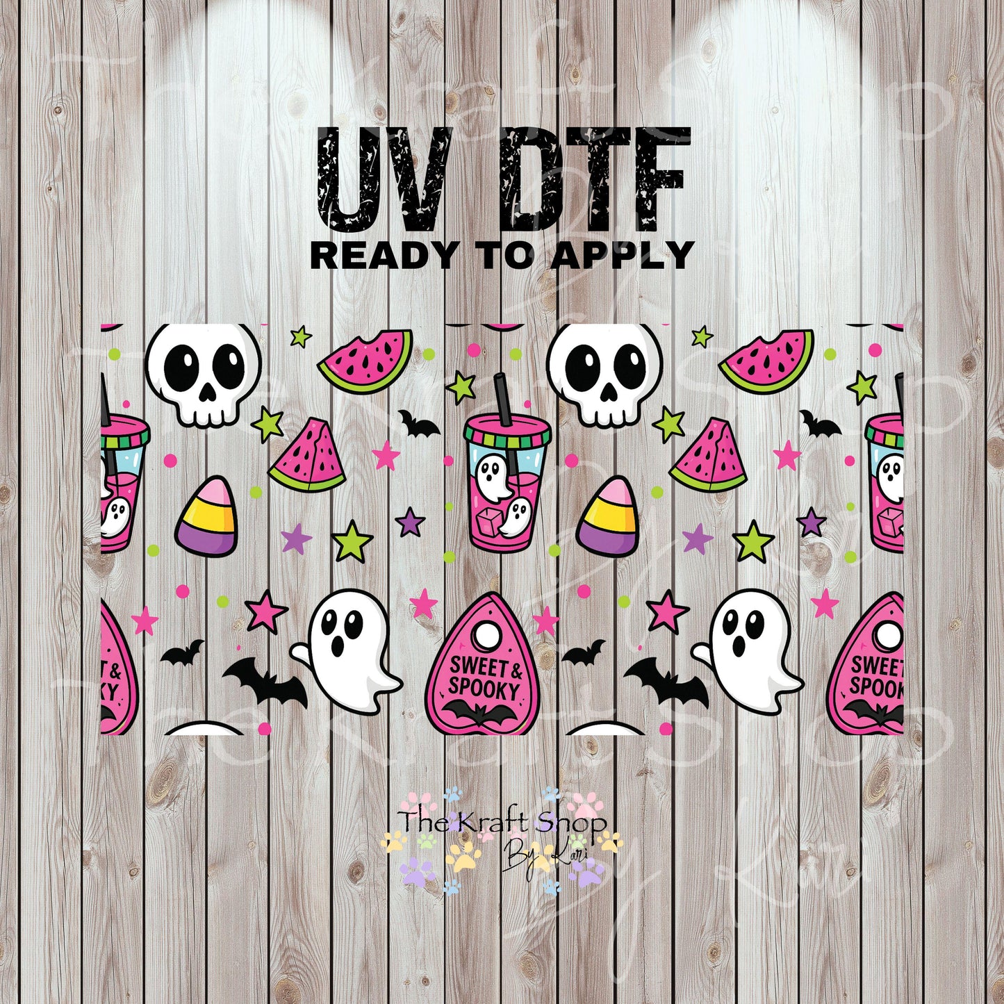 UV DTF Sticker print. Sweet and spooky ghost pink elements wrap decal, tumbler decal UV wrap for glass can tumbler#7345