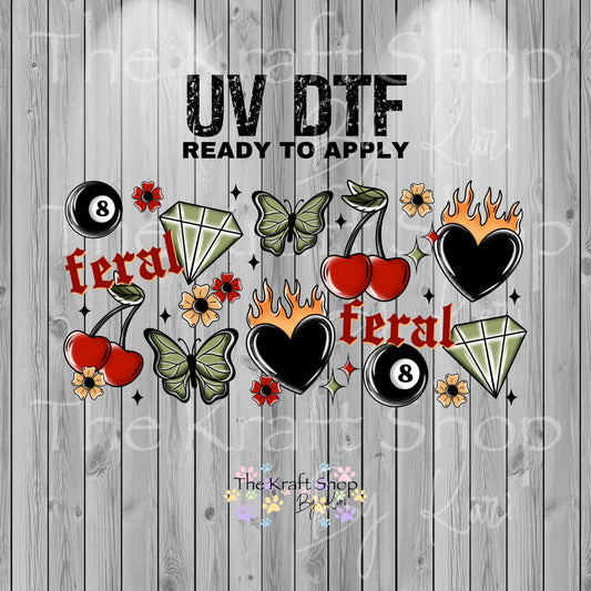UV DTF Sticker print. Feral Tattoo eight ball wrap decal, tumbler decal, permanent sticker. UV wrap for glass can tumbler. #5352
