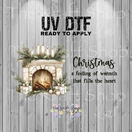 UV DTF Sticker print. Beige Fireplace Holidays Christmas decal, tumbler decal, permanent sticker. UV wrap for glass can tumbler. #5353