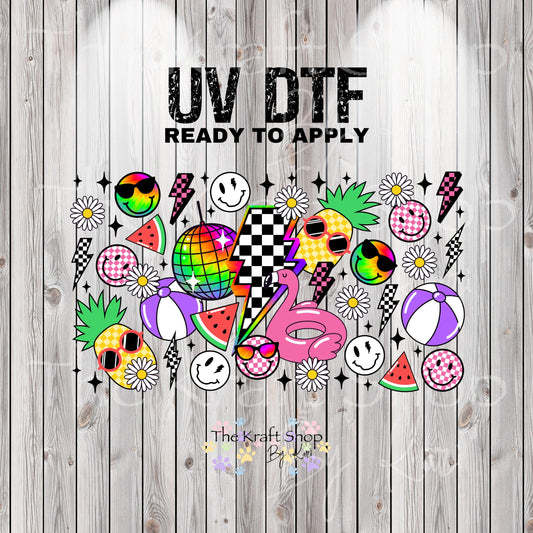 UV DTF Sticker print. Retro Summer Smile face glass can wrap decal, tumbler decal, permanent sticker. UV wrap for glass can tumbler. #5357