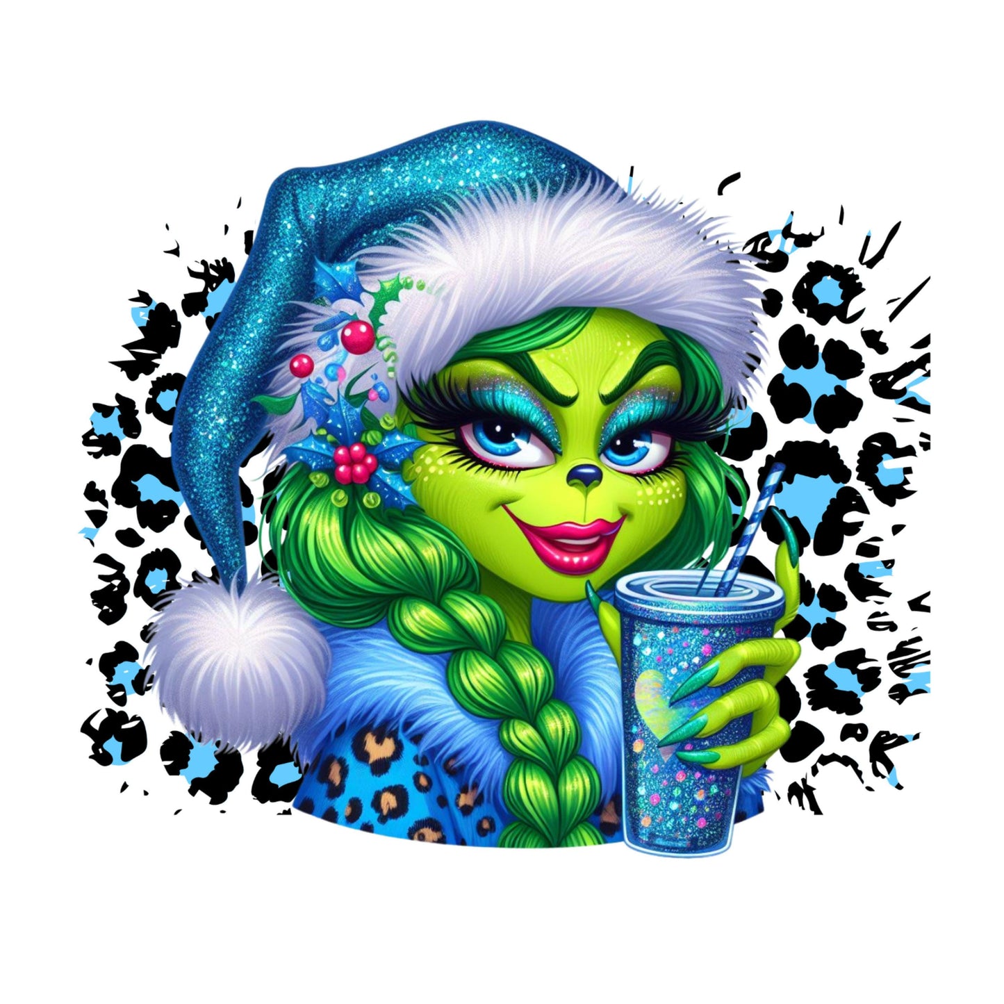 UV DTF Sticker print. Blue black green face lady Christmas hat leopard decal, tumbler decal, permanent sticker. #7333