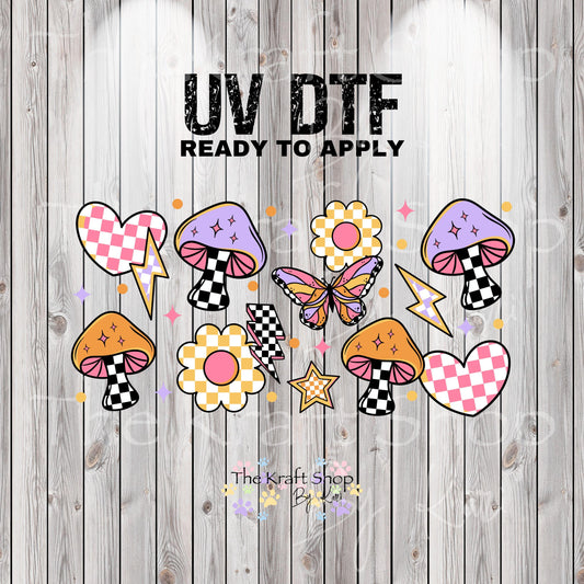 UV DTF Sticker print. Retro mushroom lightening bolt wrap for glass can wrap decal, tumbler decal, permanent sticker. #5373
