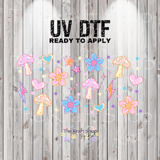 UV DTF Sticker print. Retro mushroom lightening bolt for glass can wrap decal, tumbler decal, permanent sticker. #5373