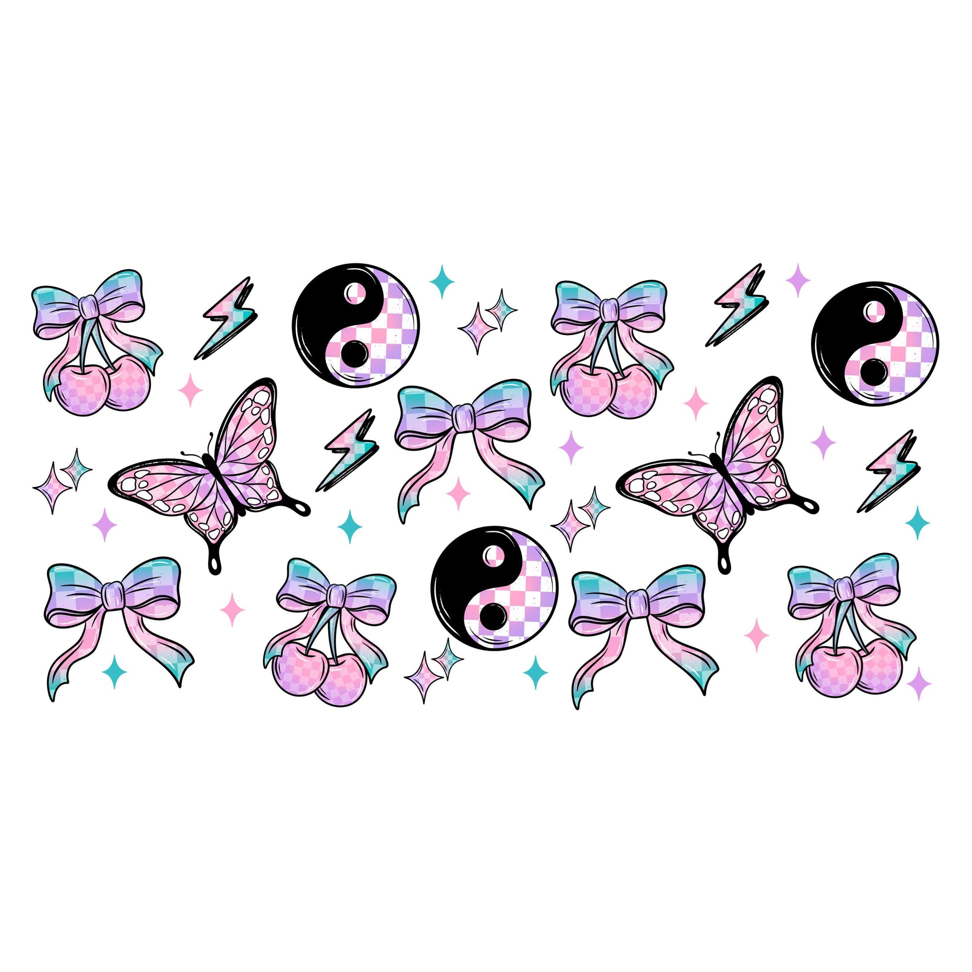 UV DTF Sticker print. GIrly Retro cherry Ying yang butterflies for glass can wrap decal, tumbler decal, permanent sticker. #5376