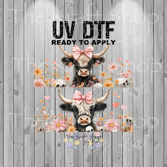 UV DTF Sticker print. Halloween Highland Cow 2 pk for glass can wrap decal, tumbler decal, permanent sticker. #5378