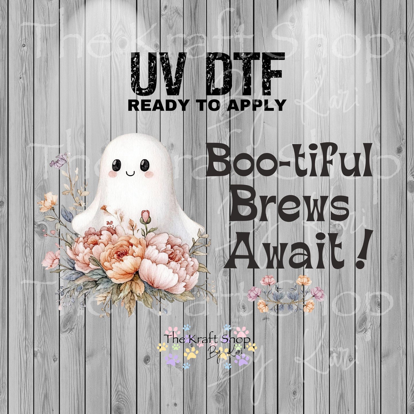 UV DTF Sticker print. Boo-tiful brews await Halloween ghost for glass can wrap decal, tumbler decal, permanent sticker. #5380