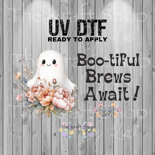 UV DTF Sticker print. Boo-tiful brews await Halloween ghost for glass can wrap decal, tumbler decal, permanent sticker. #5380