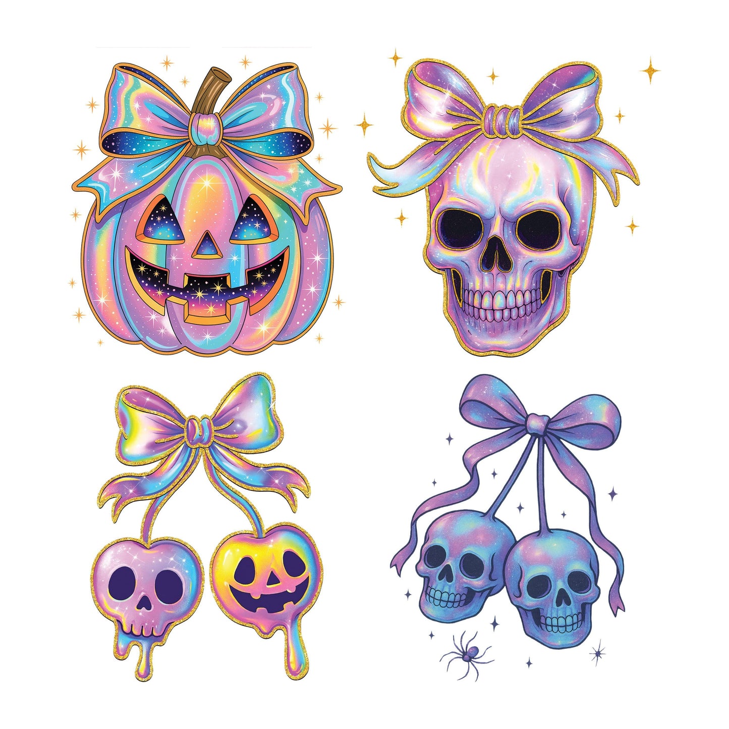 UV DTF Sticker prints. Iridescent skull pumpkin 4 pk Halloween bundle of 4 decals, permanent sticker.#7372