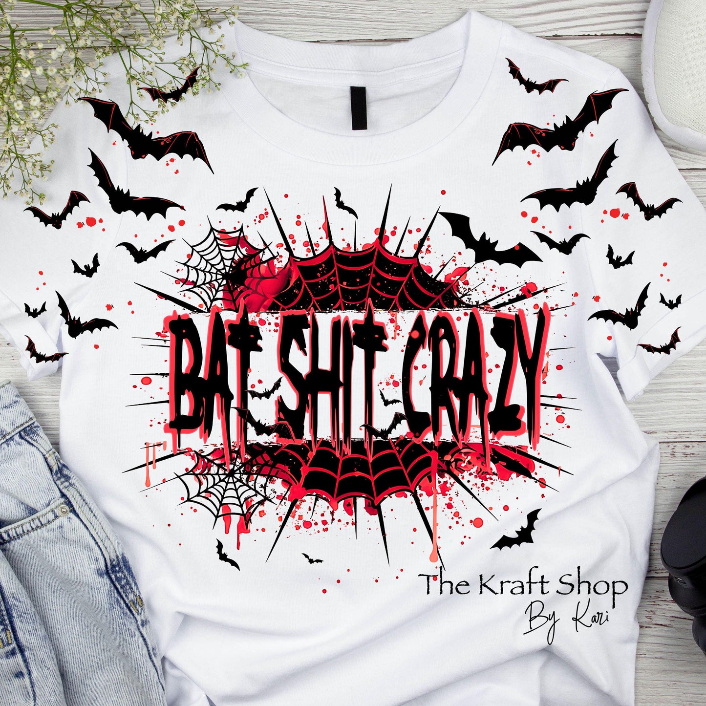 DTF ready to press transfer. Bat shit crazy with bat sleeves Direct to film heat press transfer. DTF Print #11494