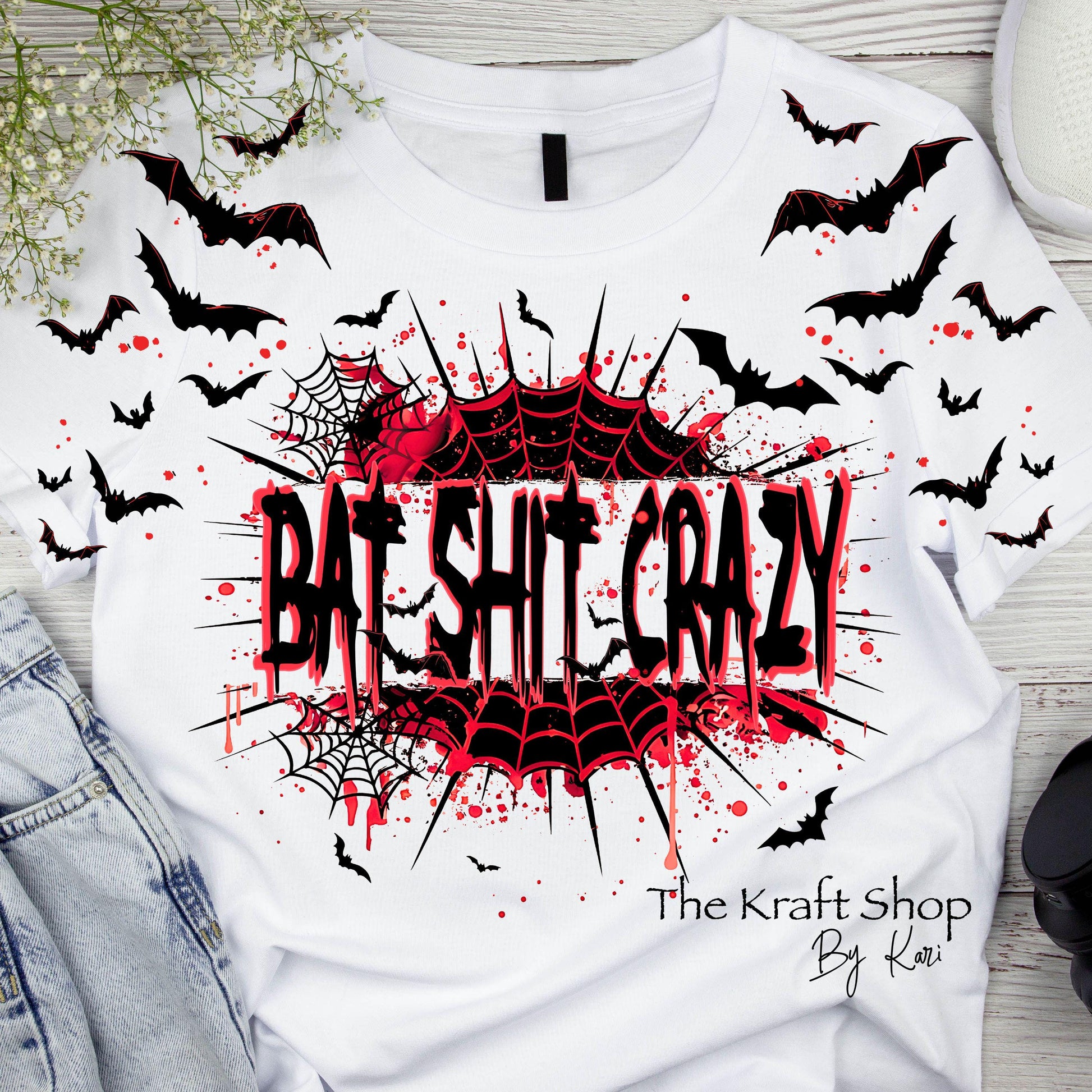 DTF ready to press transfer. Bat shit crazy with bat sleeves Direct to film heat press transfer. DTF Print #11494