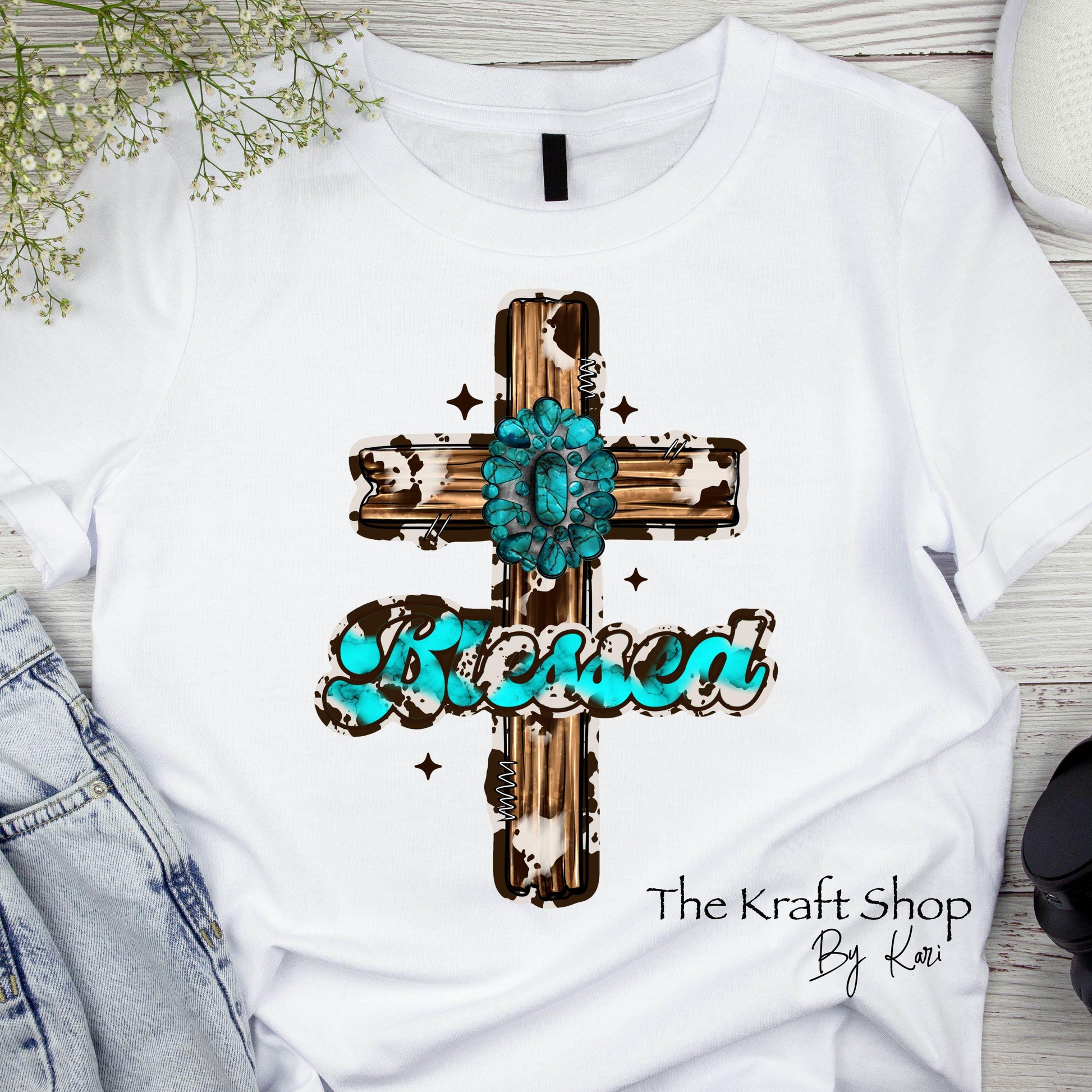 DTF ready to press transfer. Turquoise Cross Blessed shirt image DTF Print #11509